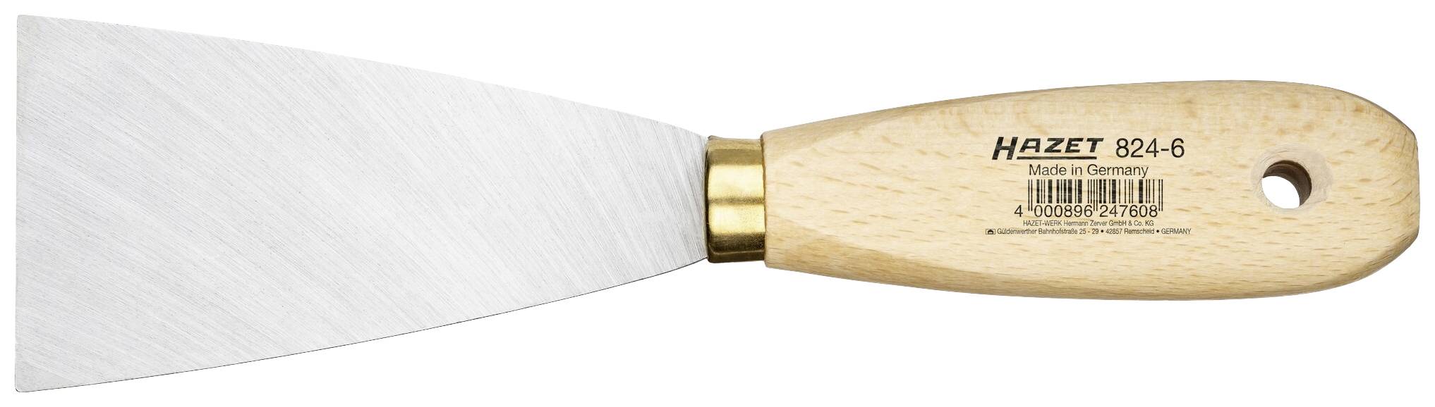 Spatule avec manche en bois et lame en métal. Sur le manche est inscrit 'Hazet 824-6 Made in Germany'. Idéal pour les travaux de tapisserie.