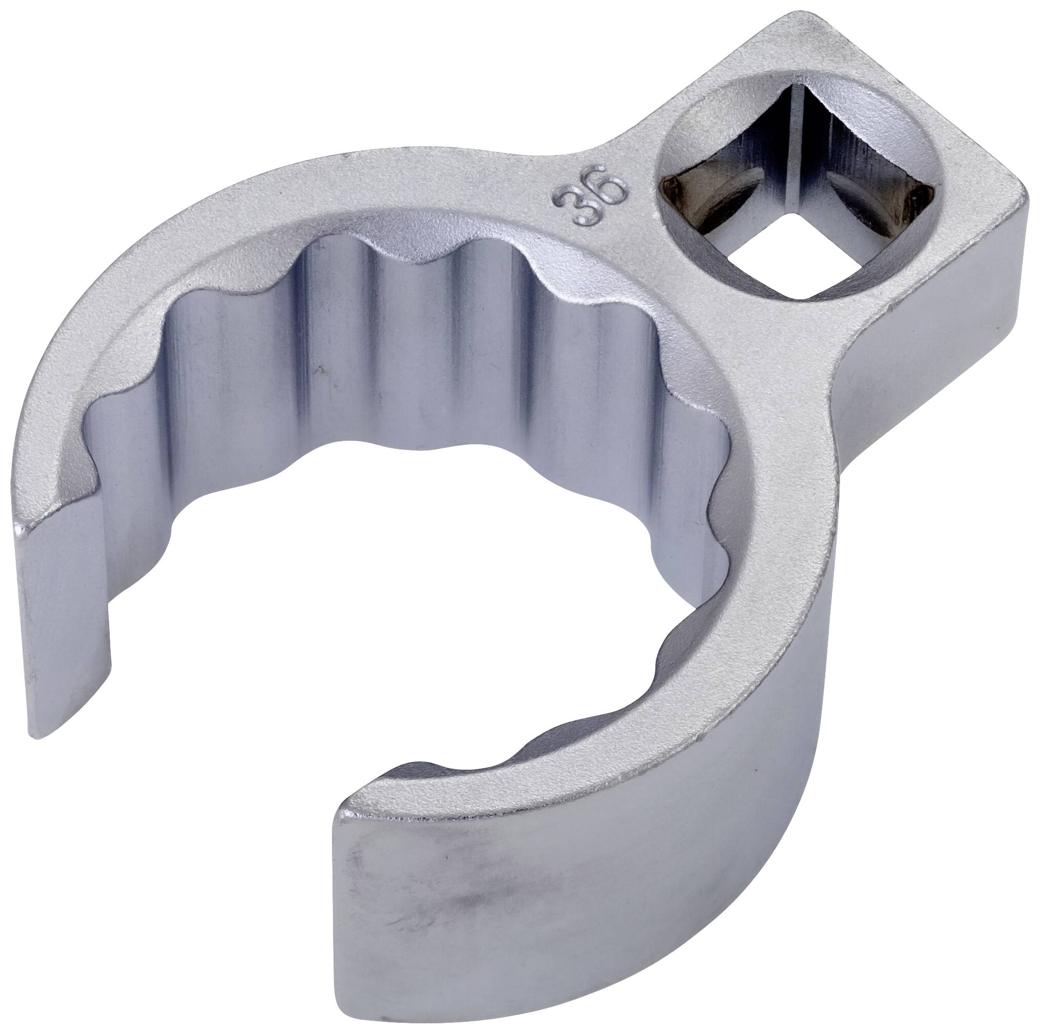 Adaptateur de clé métallique avec ouverture carrée et ronde, marquage '36' sur la face supérieure, conçu pour serrer des vis.