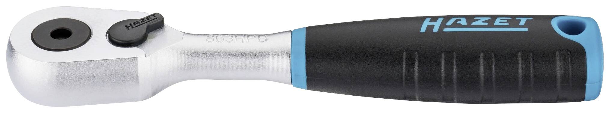 Cliquet avec poignée ergonomique, noir-bleu. Marquage 'HAZET' sur la poignée. Commutateur de changement de sens sur la tête.