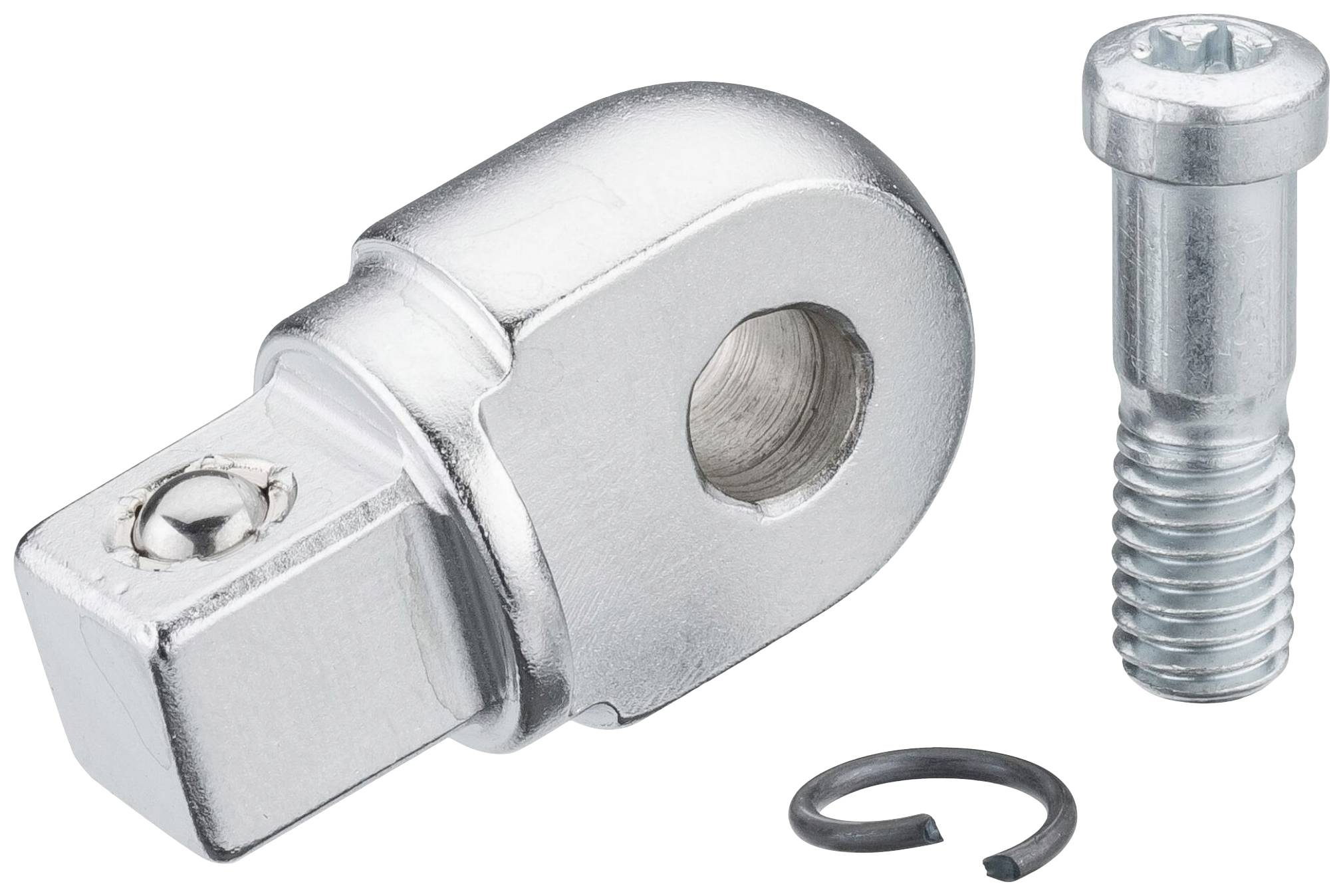 Pièce de connexion métallique avec vis et anneau de sécurité. Le composant principal est cylindrique avec une extrémité carrée et un trou pour recevoir des vis.