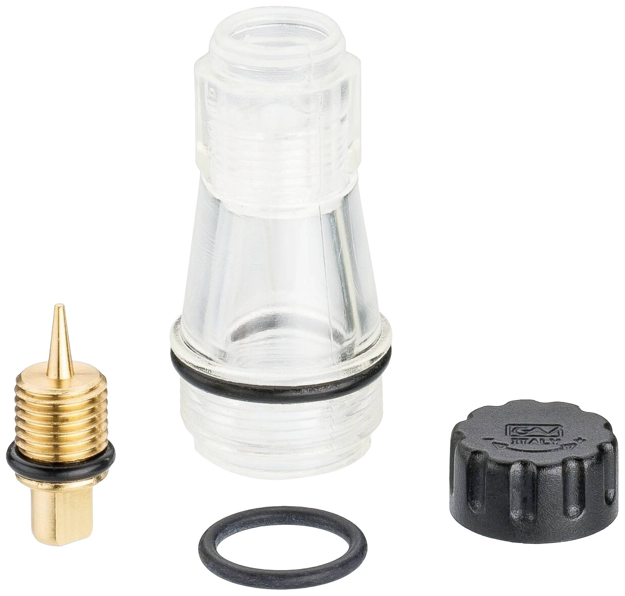 Adaptateur en plastique transparent, embout métallique jaune, bague et capuchon noirs. Accessoire pour appareils techniques.