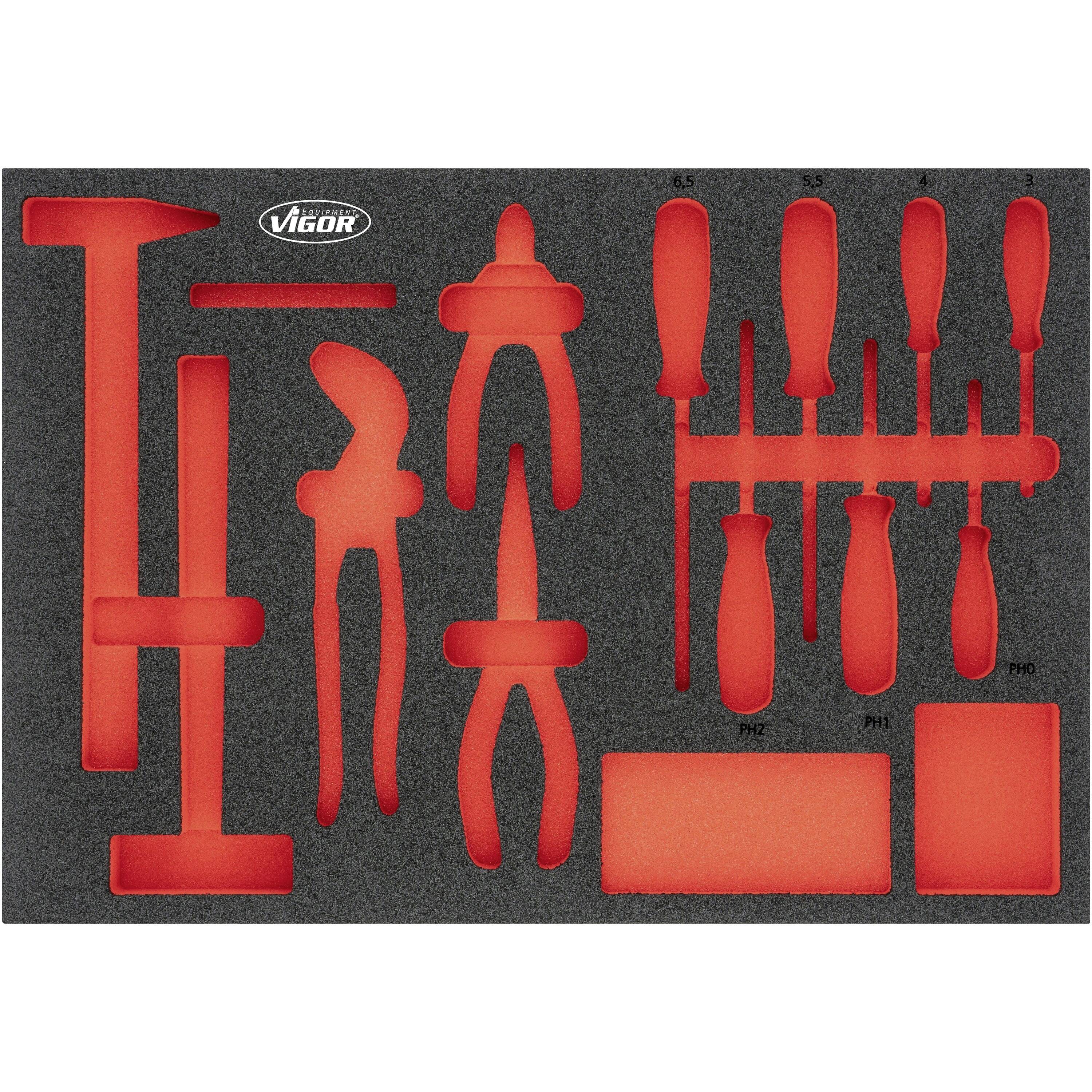'Ensemble d'outils dans un support en mousse avec marteau, pinces et différents tournevis ; le tout bien rangé et prêt à l'emploi.'