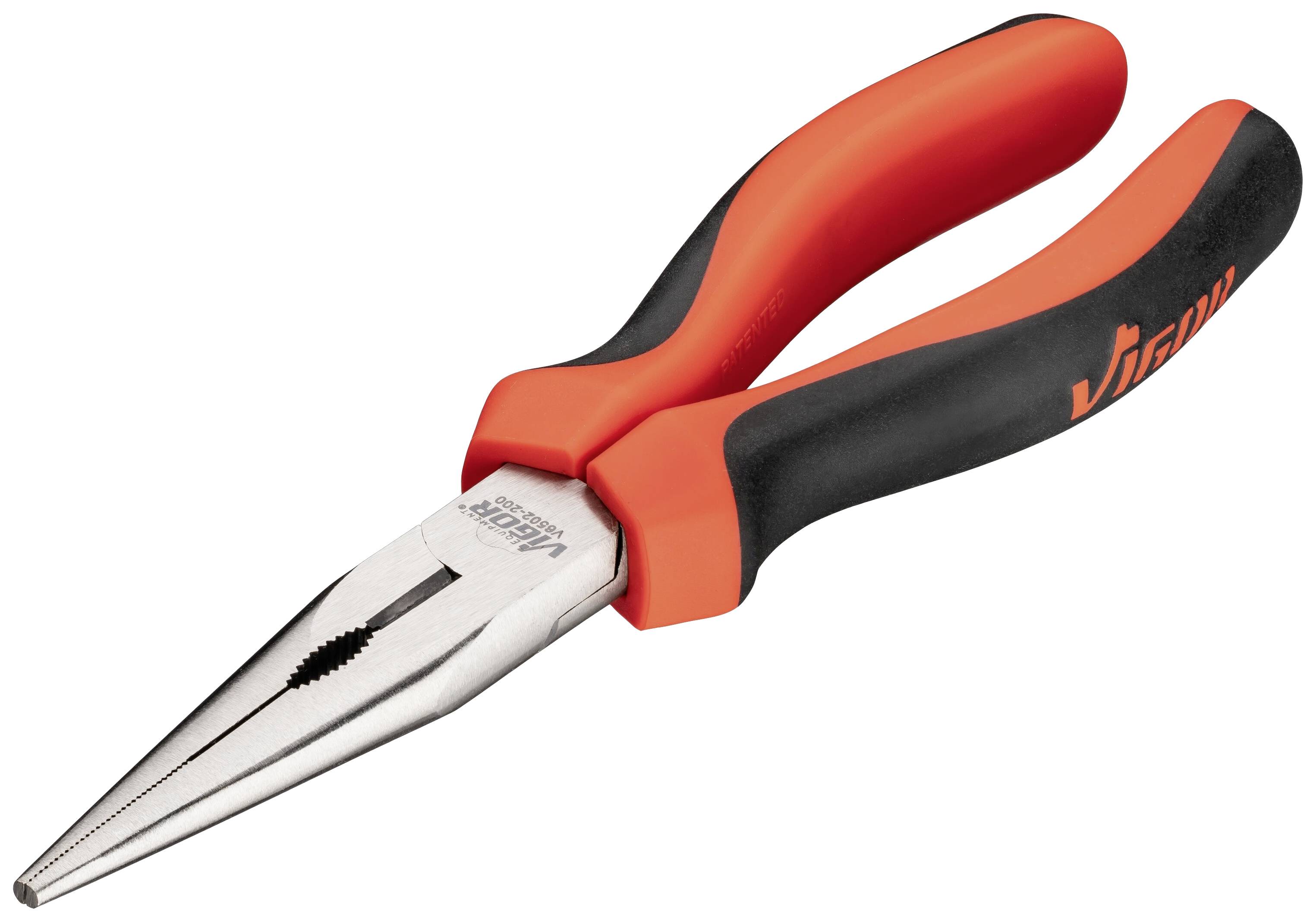 Une pince plate avec des poignées rouges et noires. Adaptée aux travaux fins et aux endroits difficiles d'accès.
