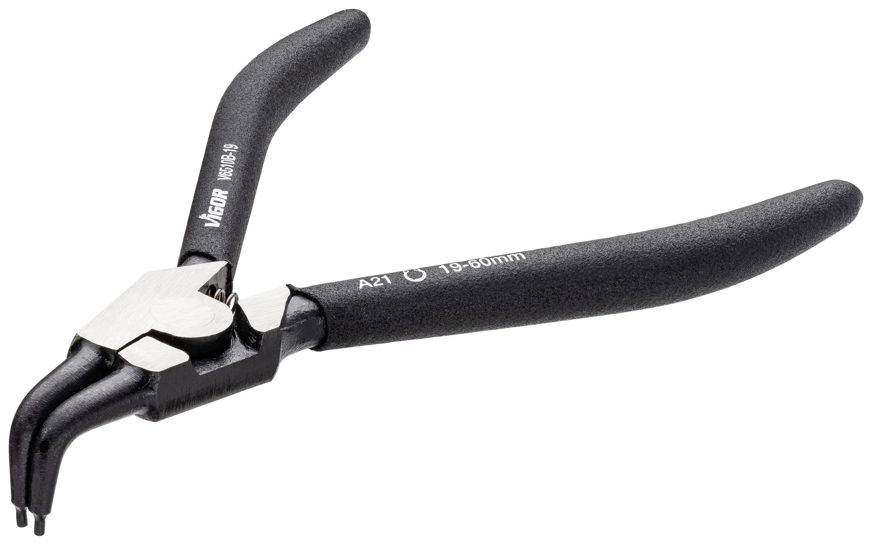 Pince à circlips noire et incurvée avec pointes métalliques et poignées en caoutchouc, adaptée pour des circlips de 19 à 60 mm.