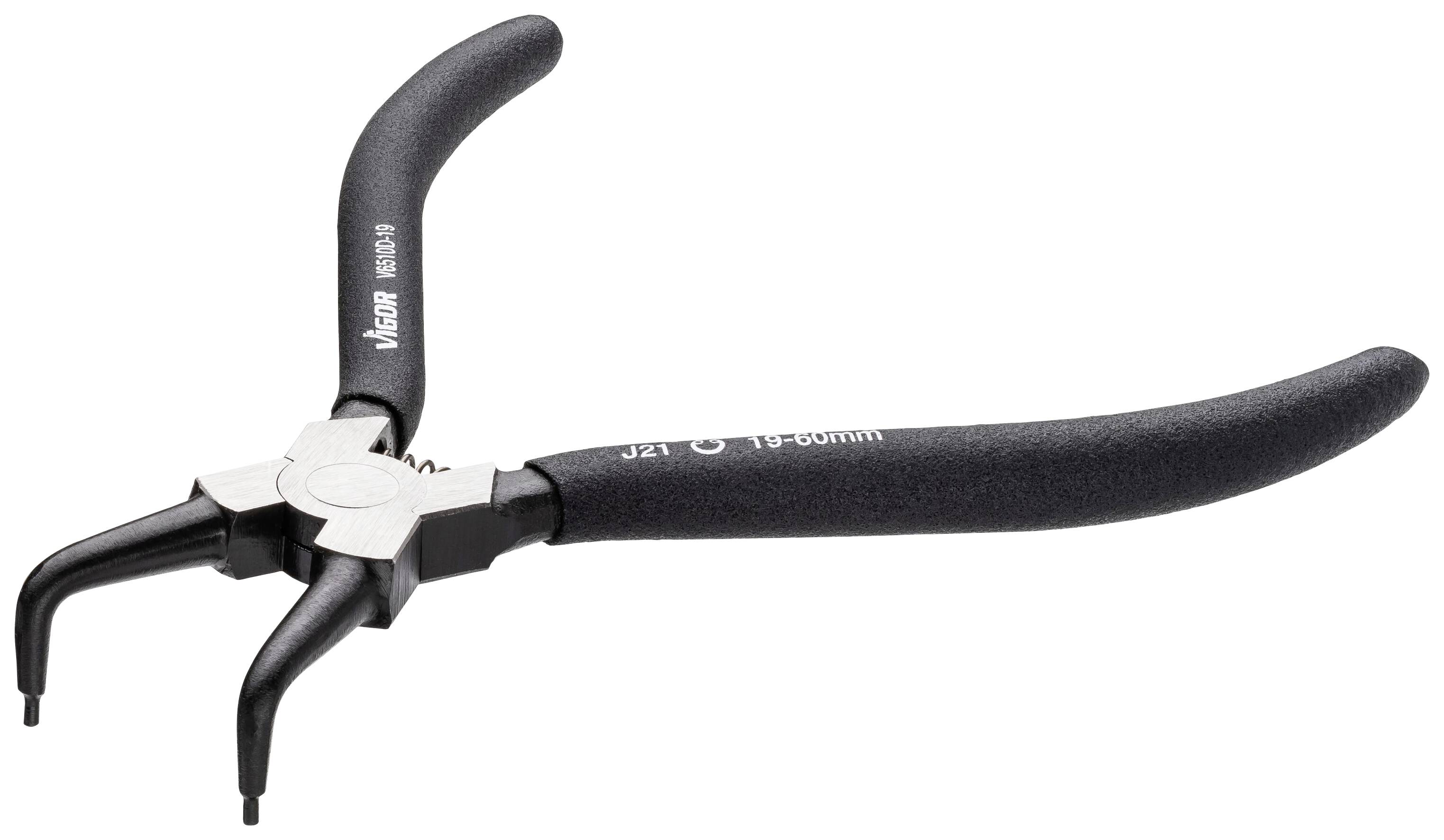 Une pince pour circlips de mer noir avec des pointes courbes et des poignées gainées de caoutchouc, adaptée à l'insertion et au retrait de circlips.