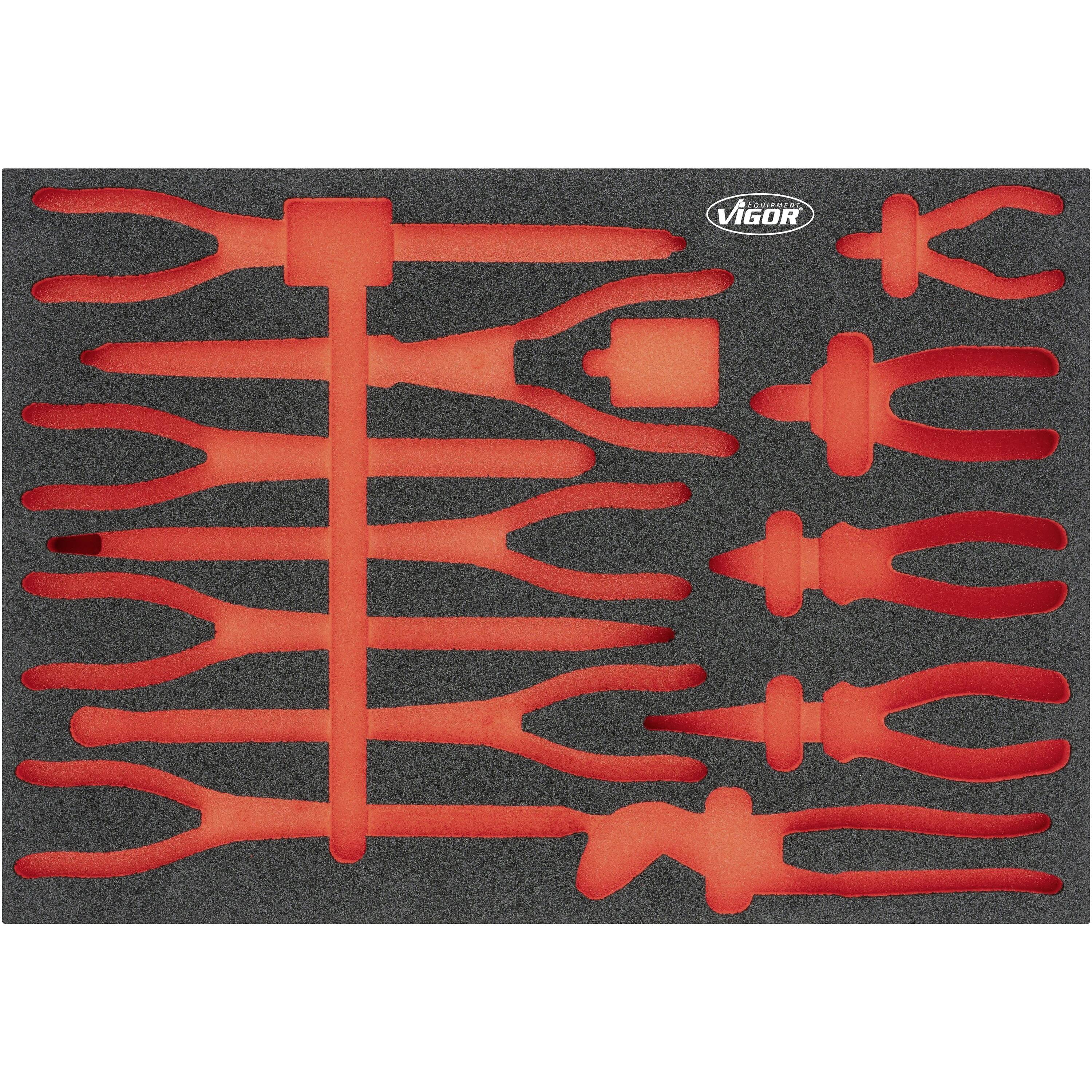 Ensemble d'outils avec des pinces spéciales dans un support en mousse moulée, fabriqué par Vigor, pour un rangement sûr et organisé des outils.