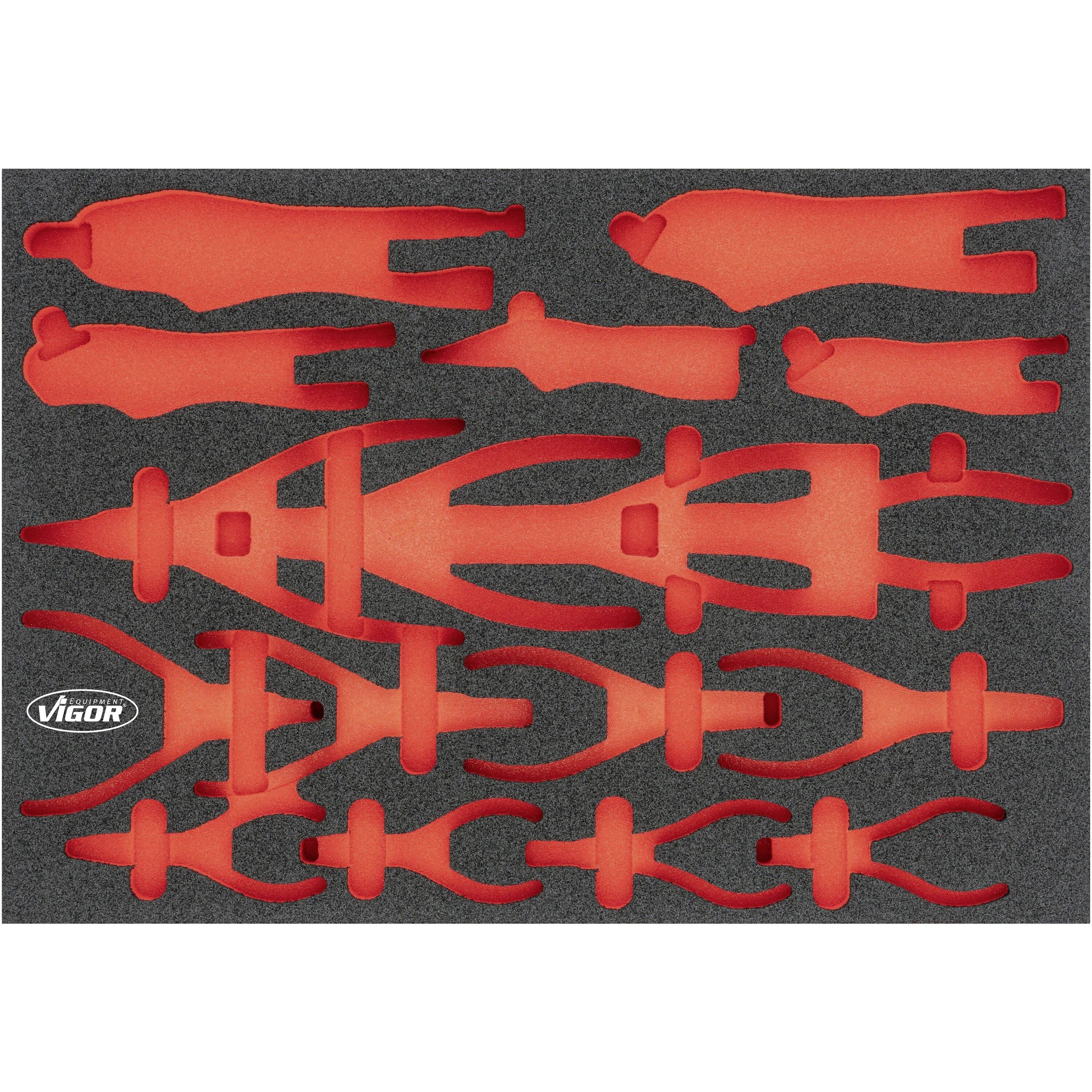Garniture en mousse avec découpes pour divers outils, adaptée à l'organisation et au rangement sécurisé des outils.