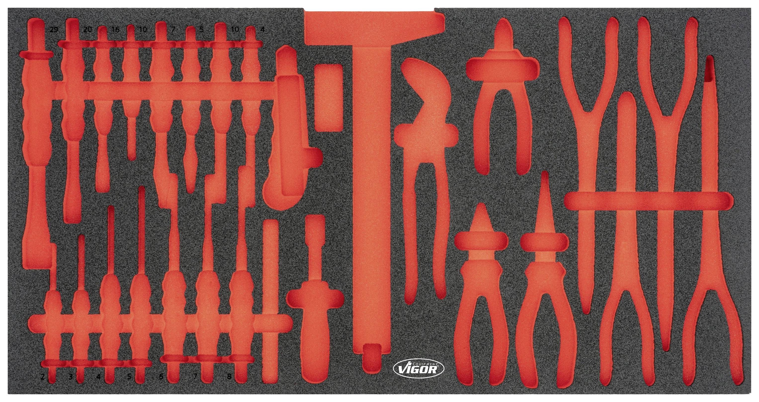 Insertion en mousse avec découpes pour divers outils tels que tournevis, pinces et marteau ; outils absents.