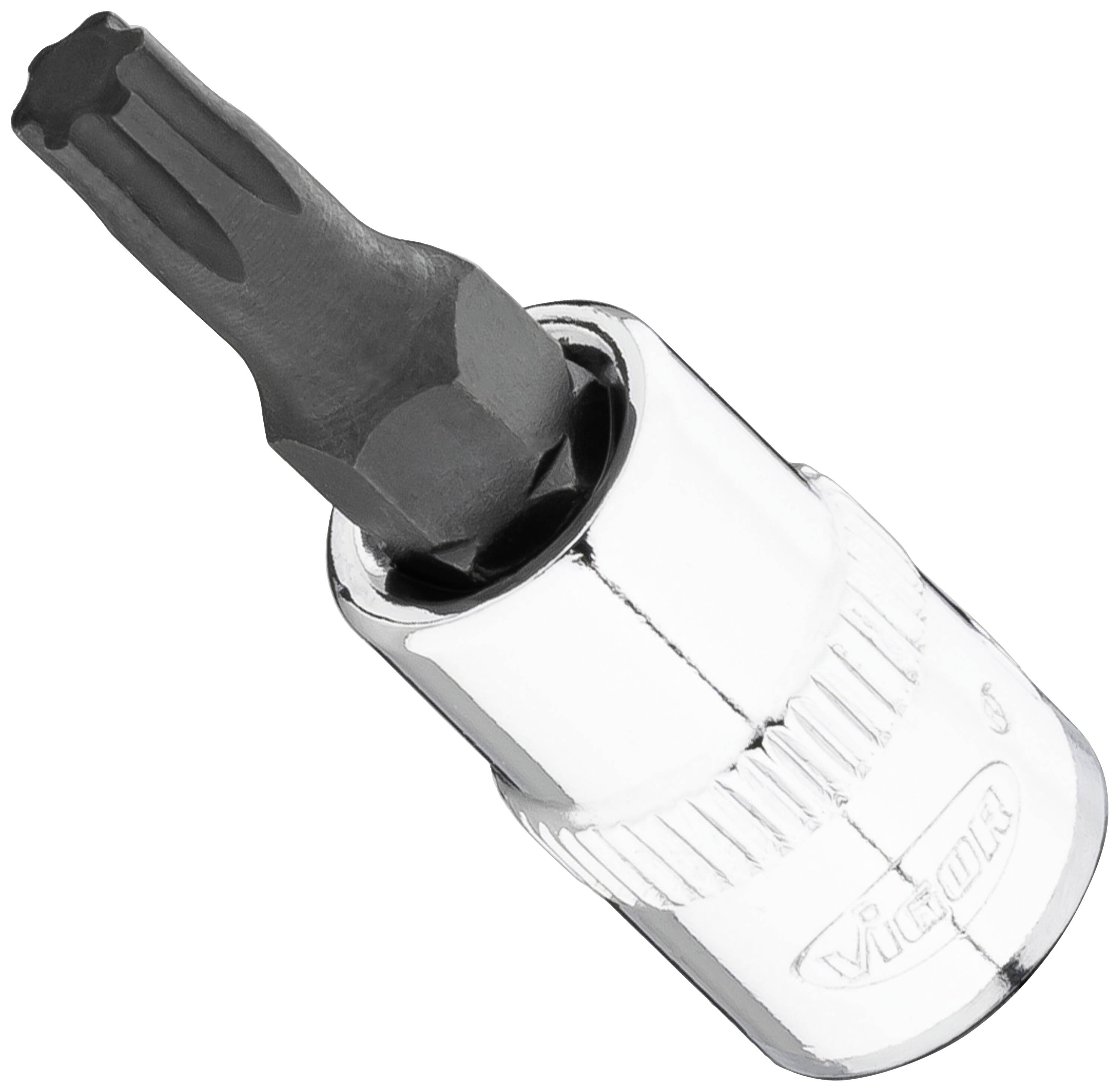 Un embout Torx en métal argenté, adapté aux clés à cliquet, sur fond blanc.