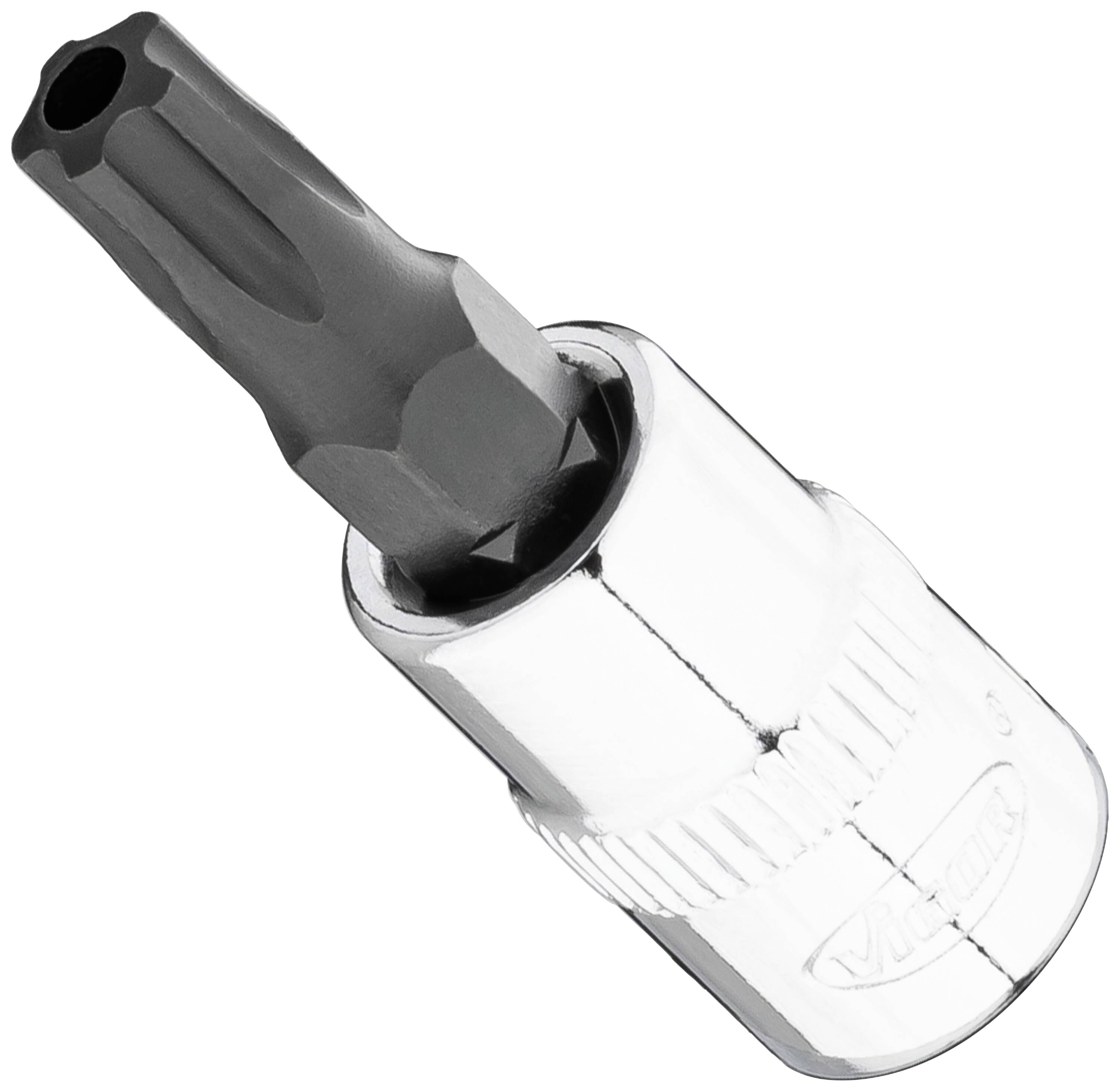 Douille à embout Torx avec finition brillante et logo imprimé sur le côté, utilisée pour des travaux de vissage précis.