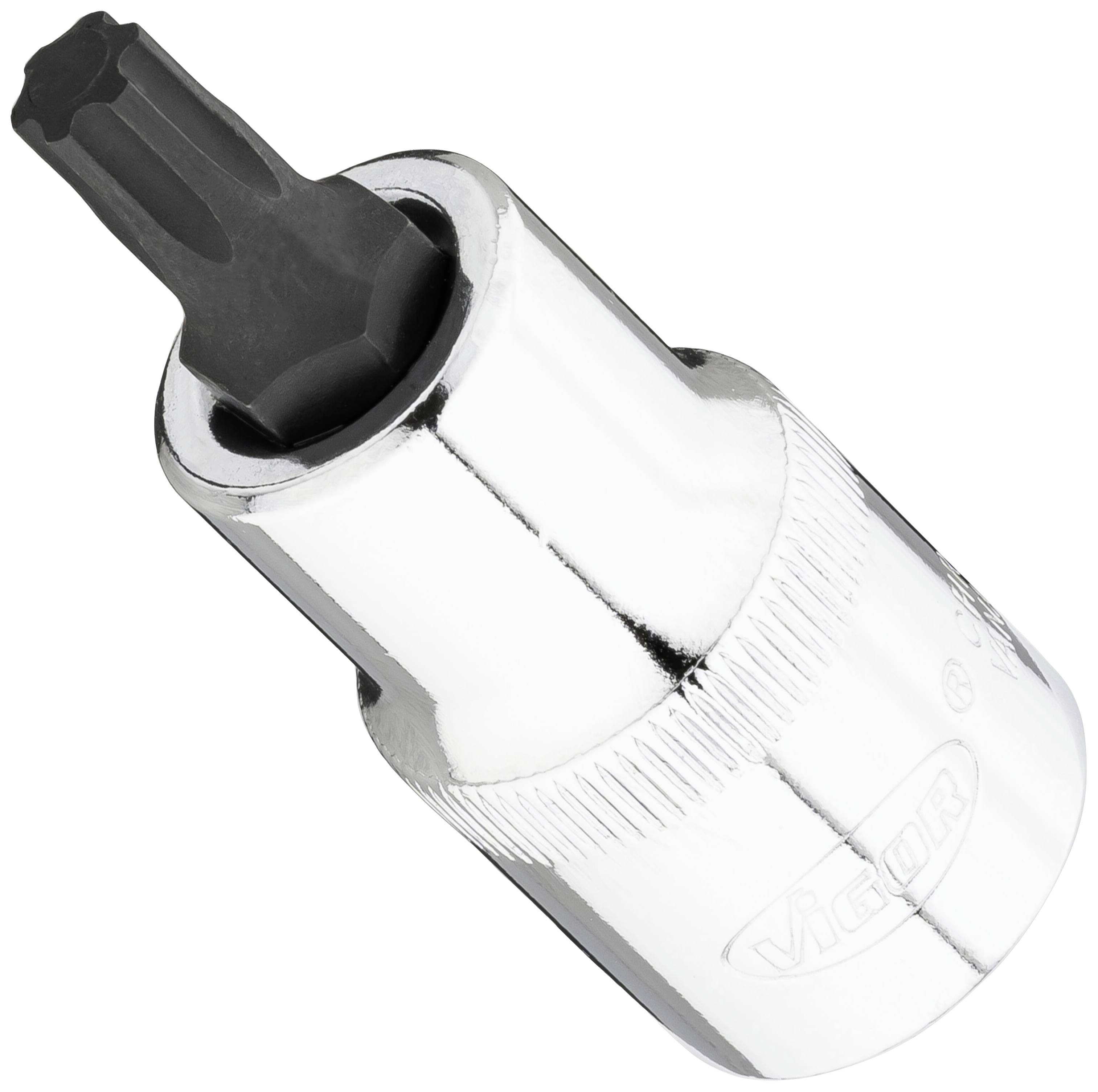 Un adaptateur de clé à cliquet en argent avec une tête hexagonale noire sur un fond blanc.
