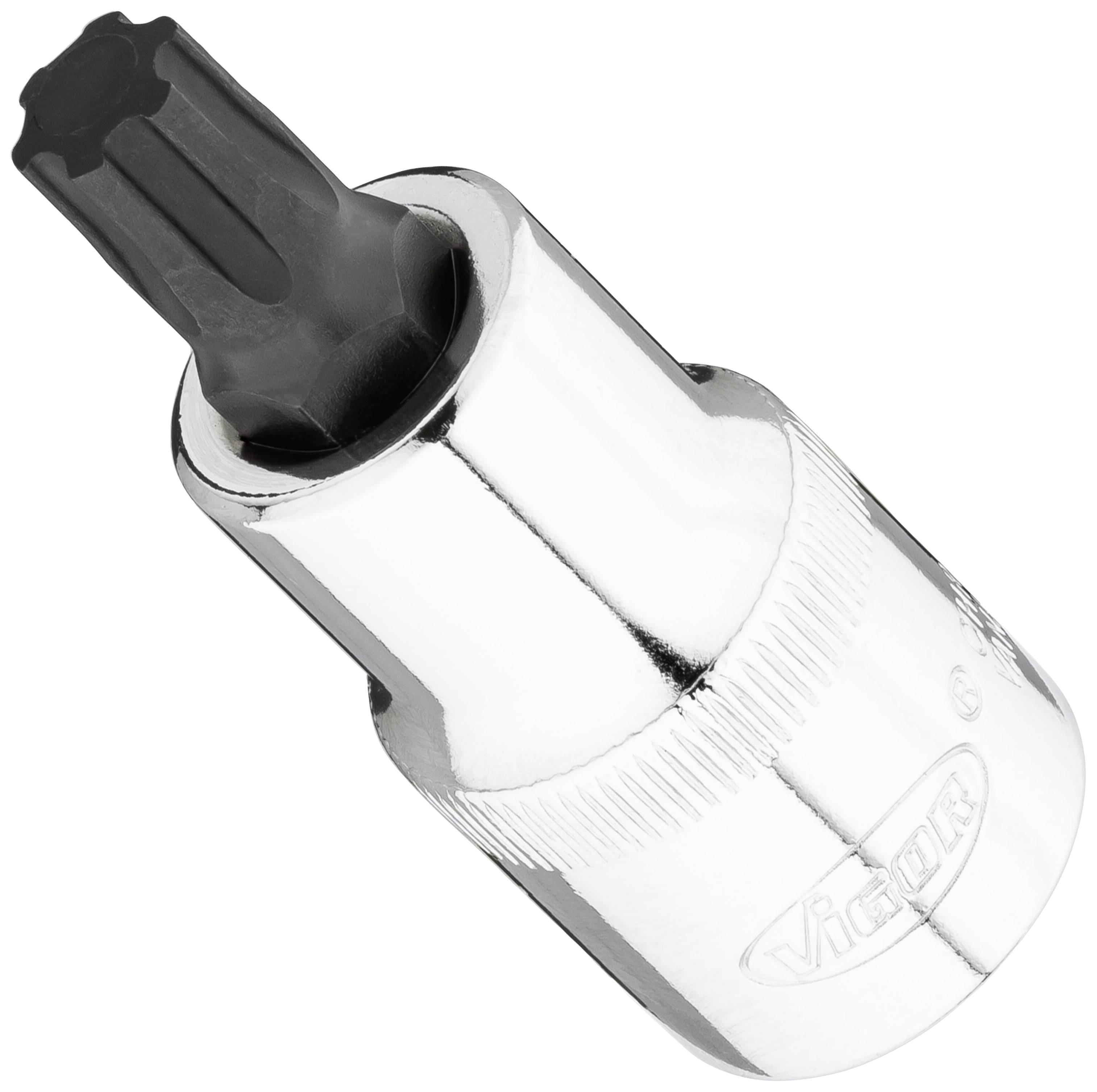 Clé à cliquet chromée avec noix étoilée grise, utilisée pour les connexions à vis.