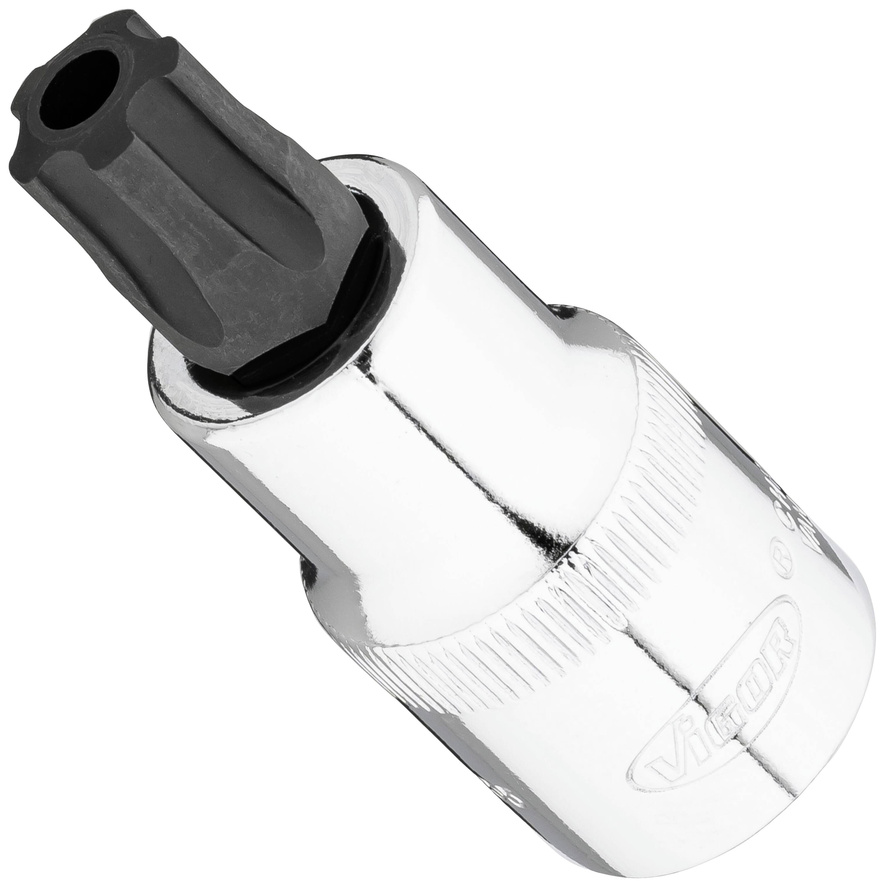 Un embout de clé à douille chromé avec un profil hexagonal noir, adapté pour les vis Torx. Marquage 'Wiha' visible.