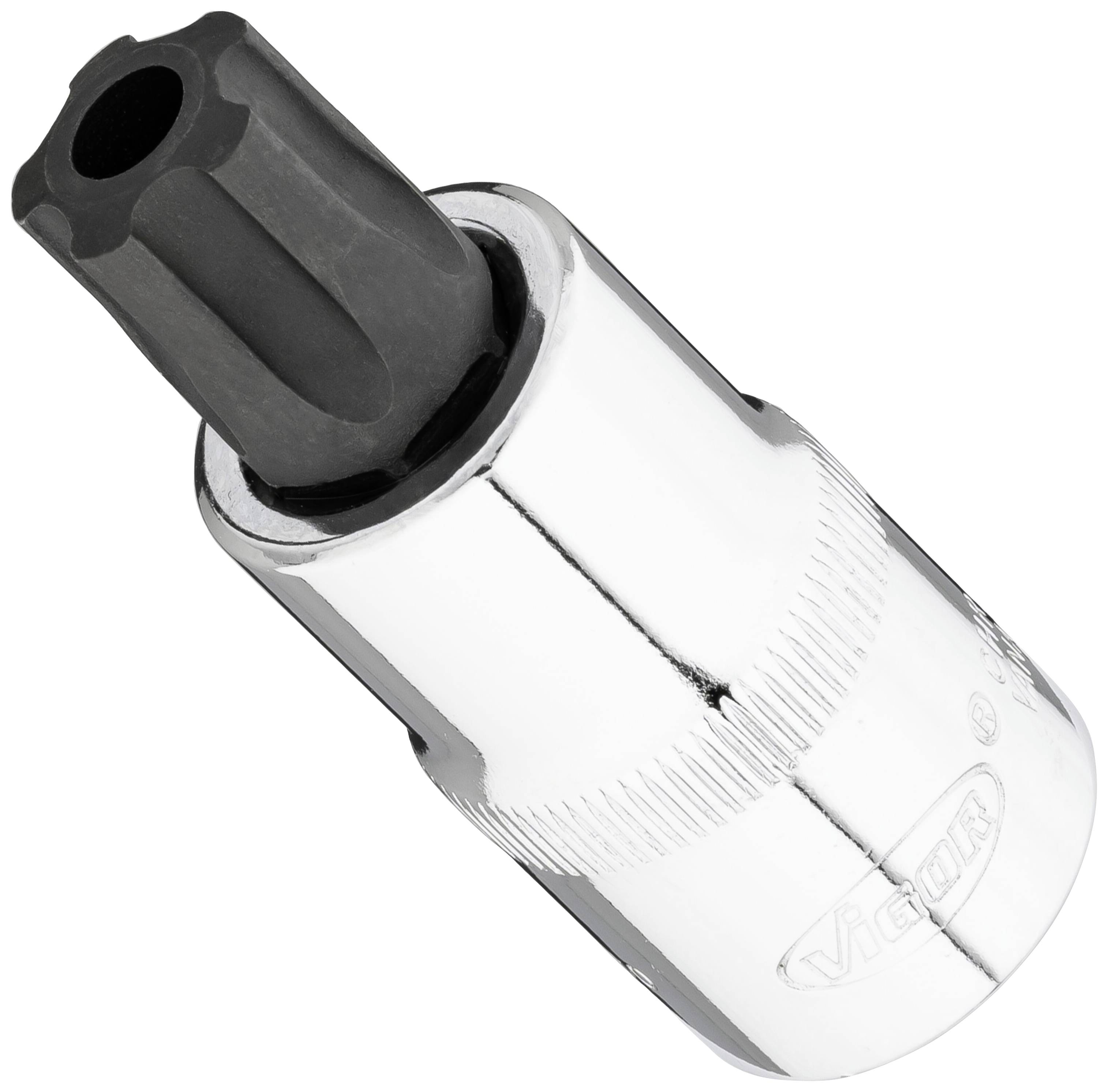 Embout Torx avec boîtier métallique argenté et embout noir pour travaux de vissage.