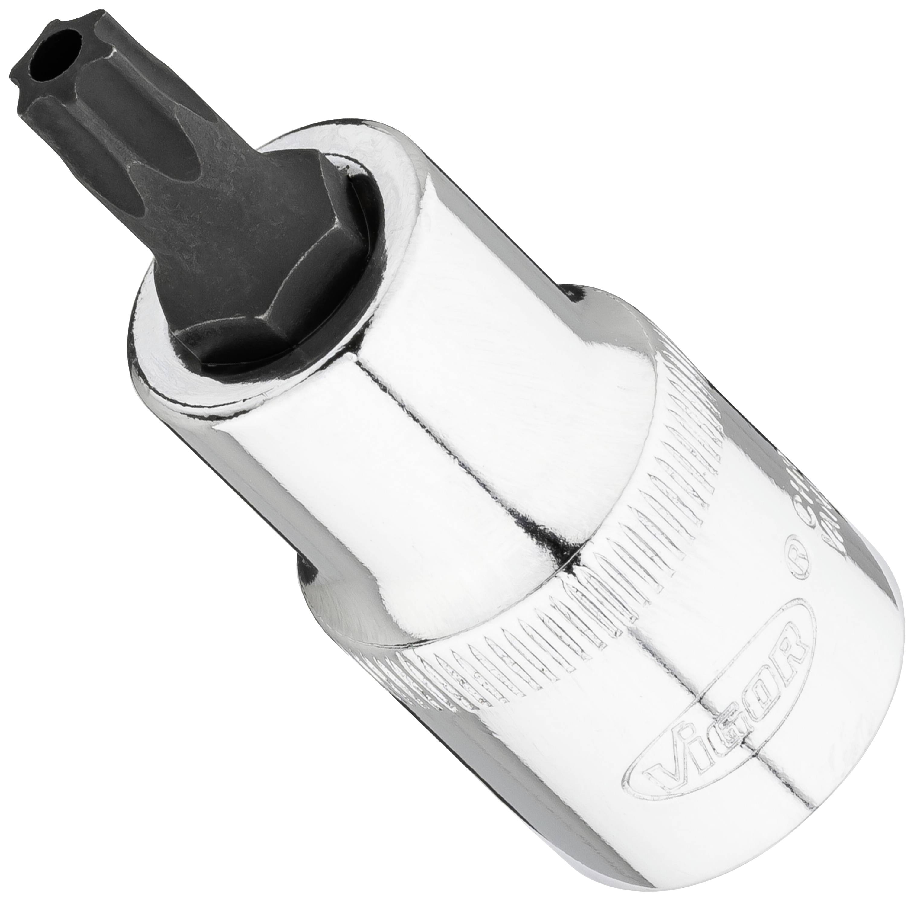 Un outil à clé à cliquet en argent avec un embout Torx noir, adapté aux travaux mécaniques ou artisanaux.