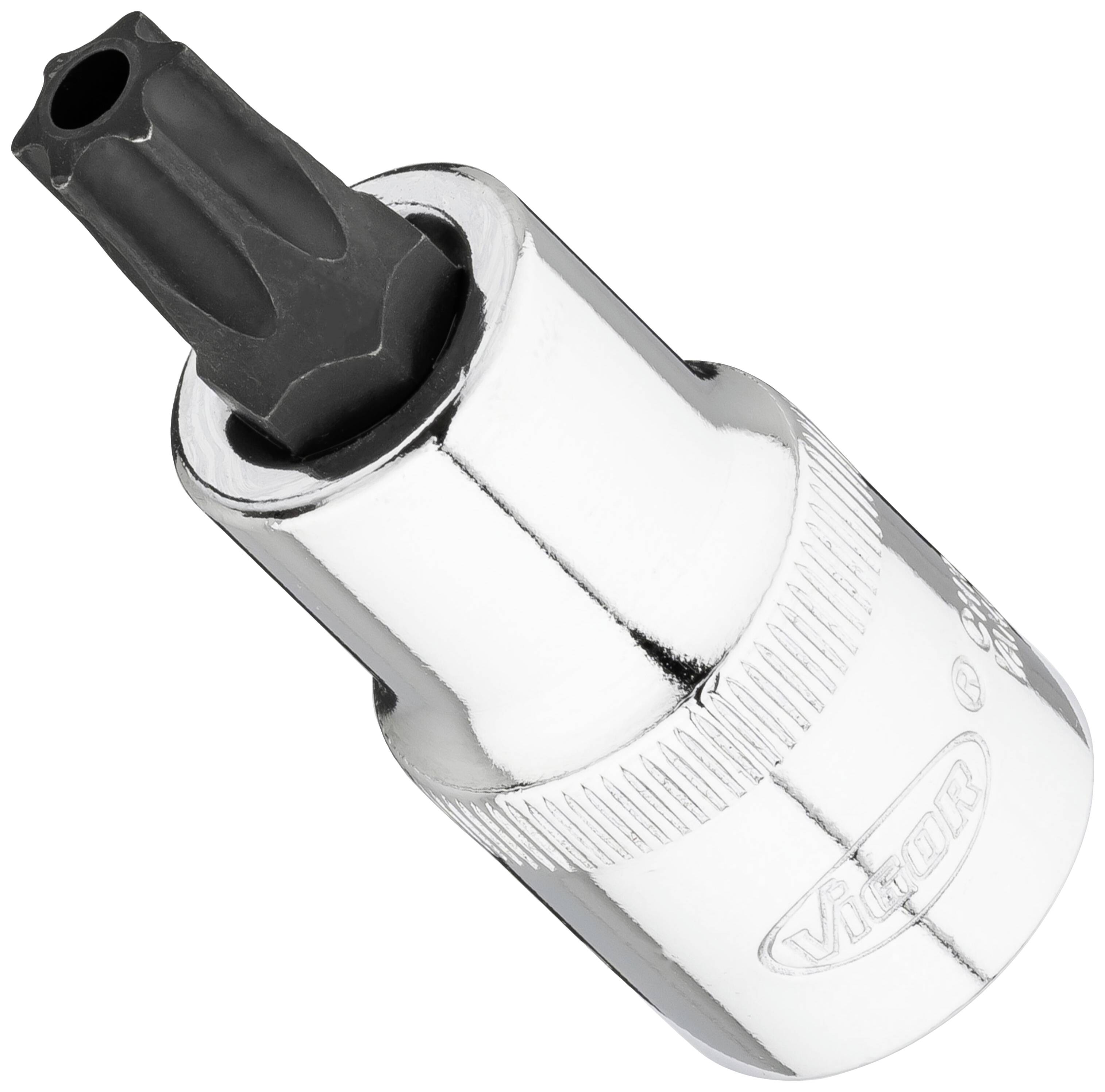 Un adaptateur métallique argenté avec une tête noire en forme d'étoile. Adapté pour une utilisation avec des tournevis.