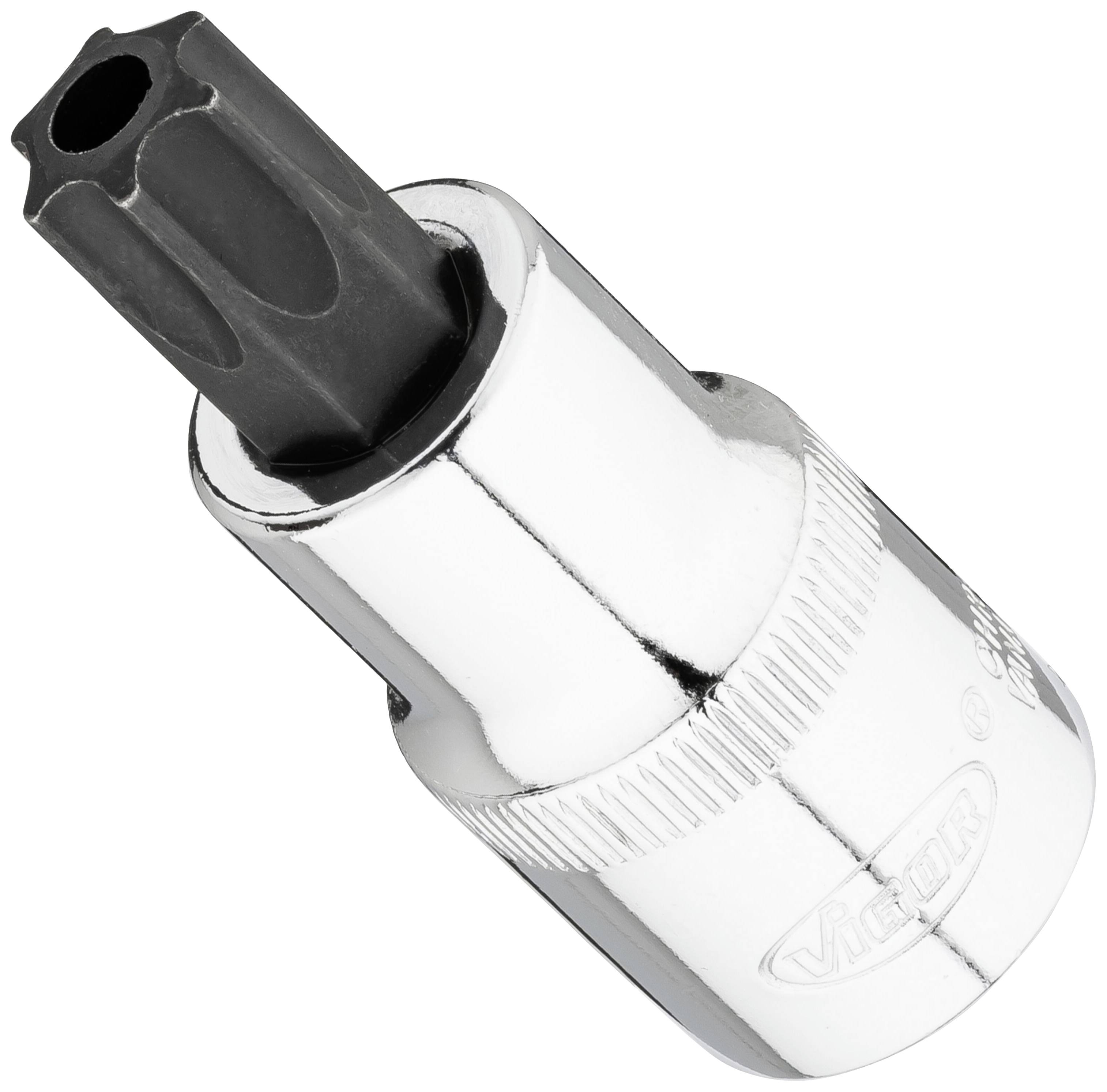 Embout Torx à boîtier métallique argenté, adapté pour tournevis ou cliquet.