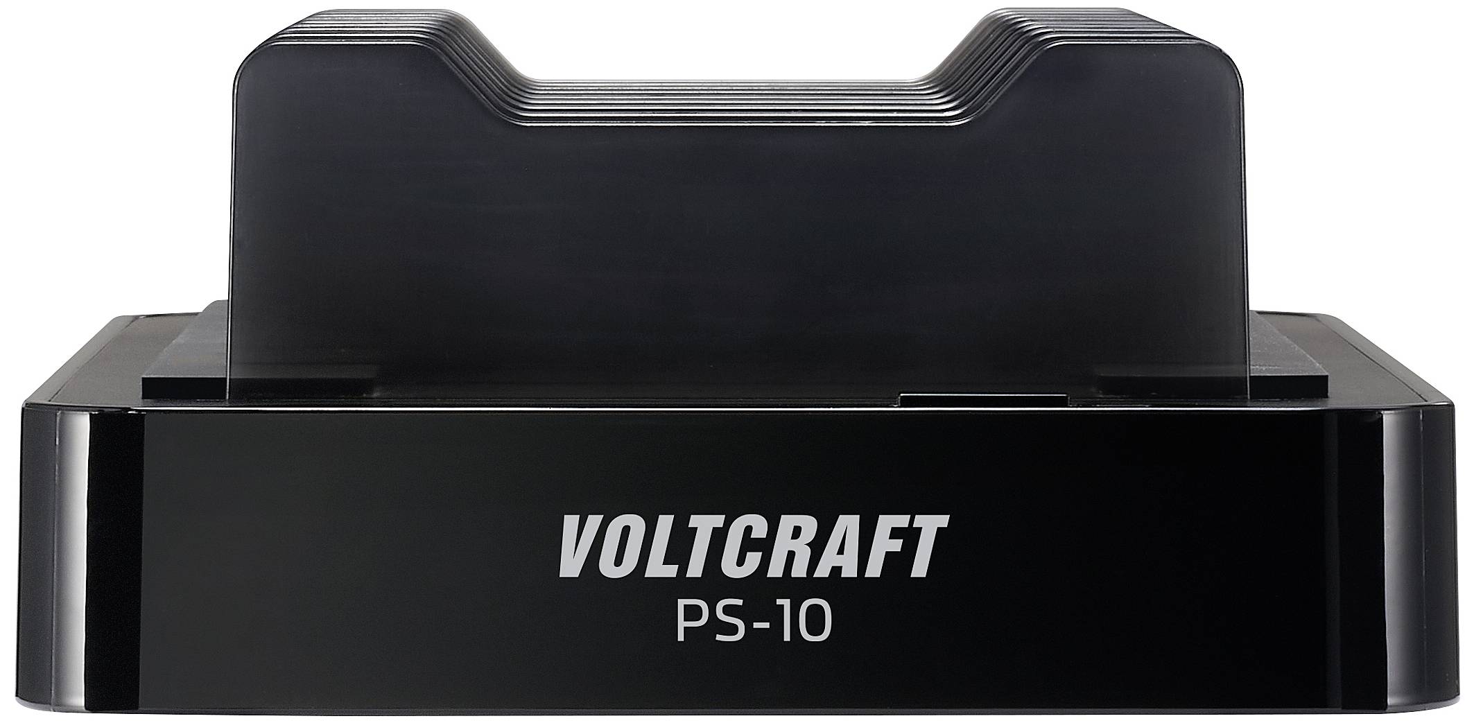 Chargeur Voltcraft PS-10, vue frontale. Design compact pour des fonctions de charge de batterie spécifiques.