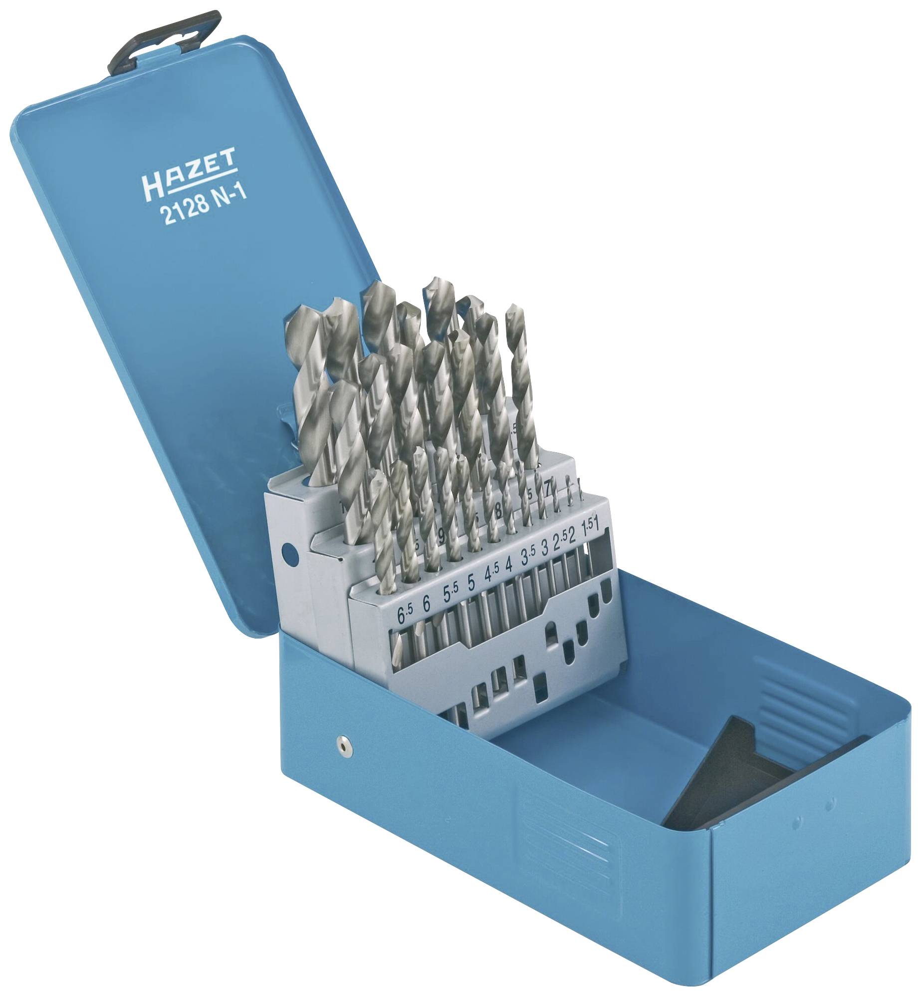 Coffret de forets en métal dans un boîtier bleu. Différentes tailles de forets allant de 1 à 13 mm, rangées dans un support.