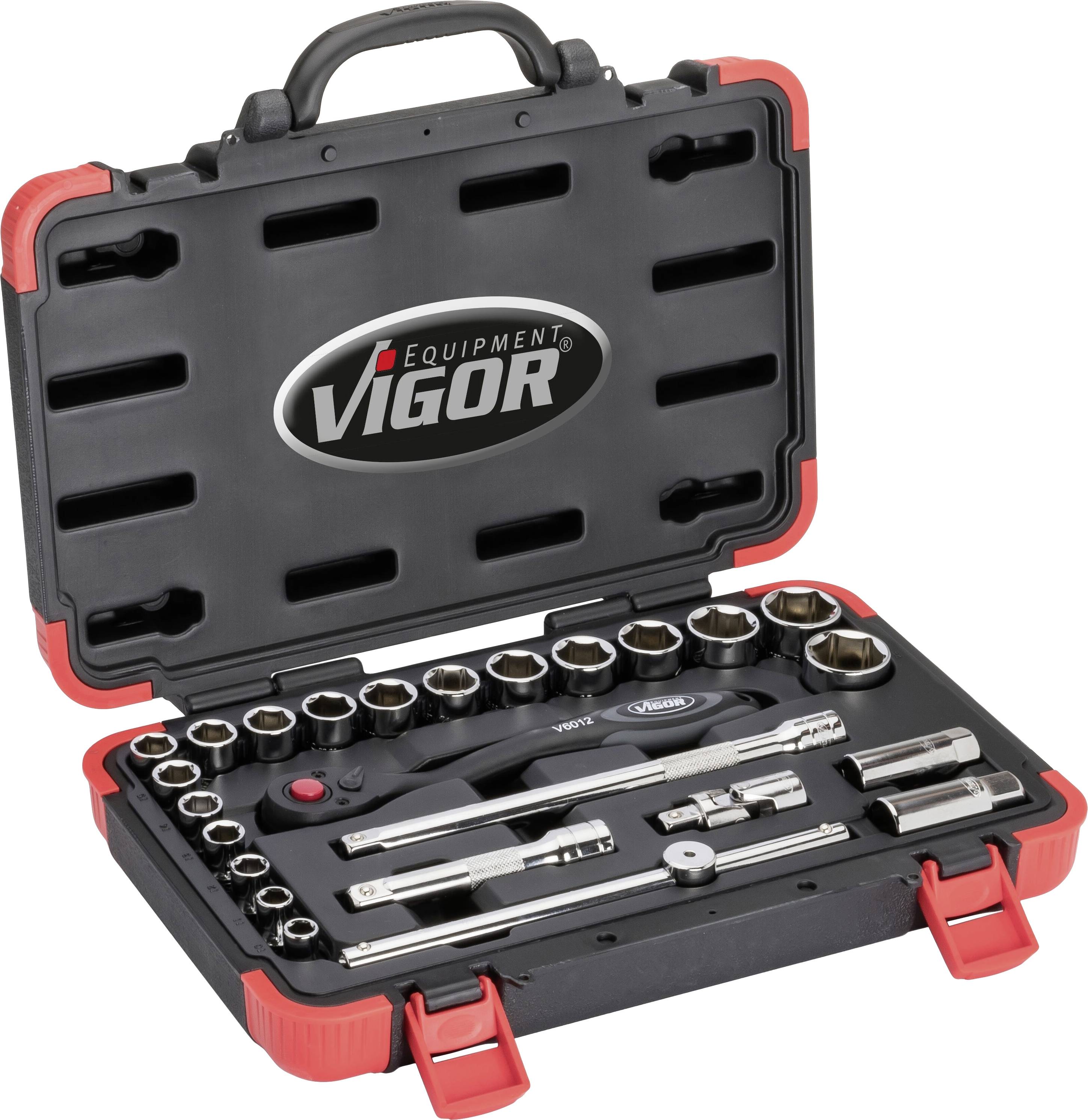 Une mallette à outils contenant différentes douilles et outils à cliquet. Le couvercle est ouvert et le logo 'Vigor' est visible.