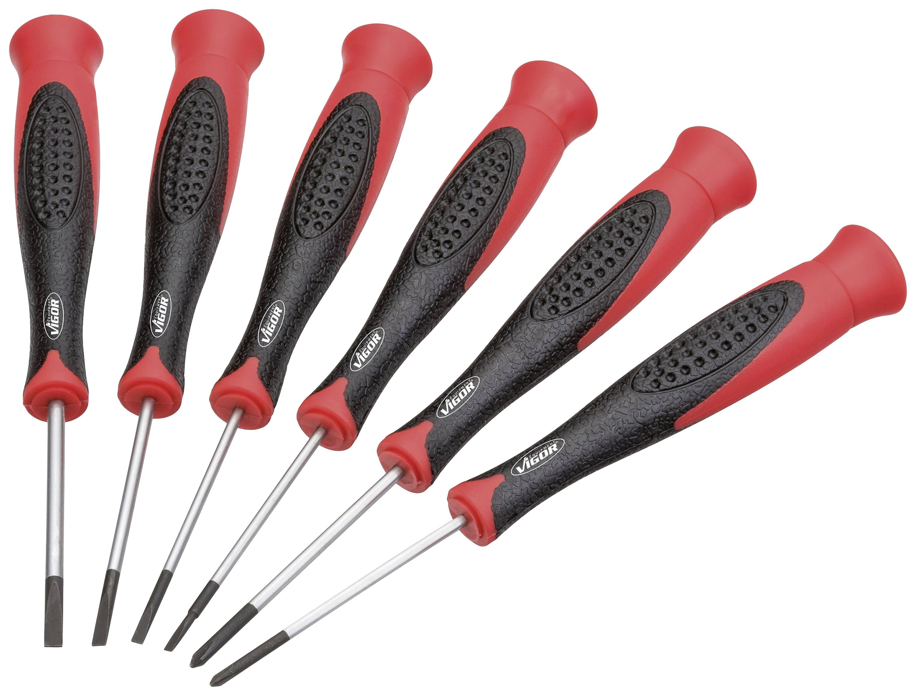 Six tournevis avec des poignées rouges et noires sont disposés en éventail.