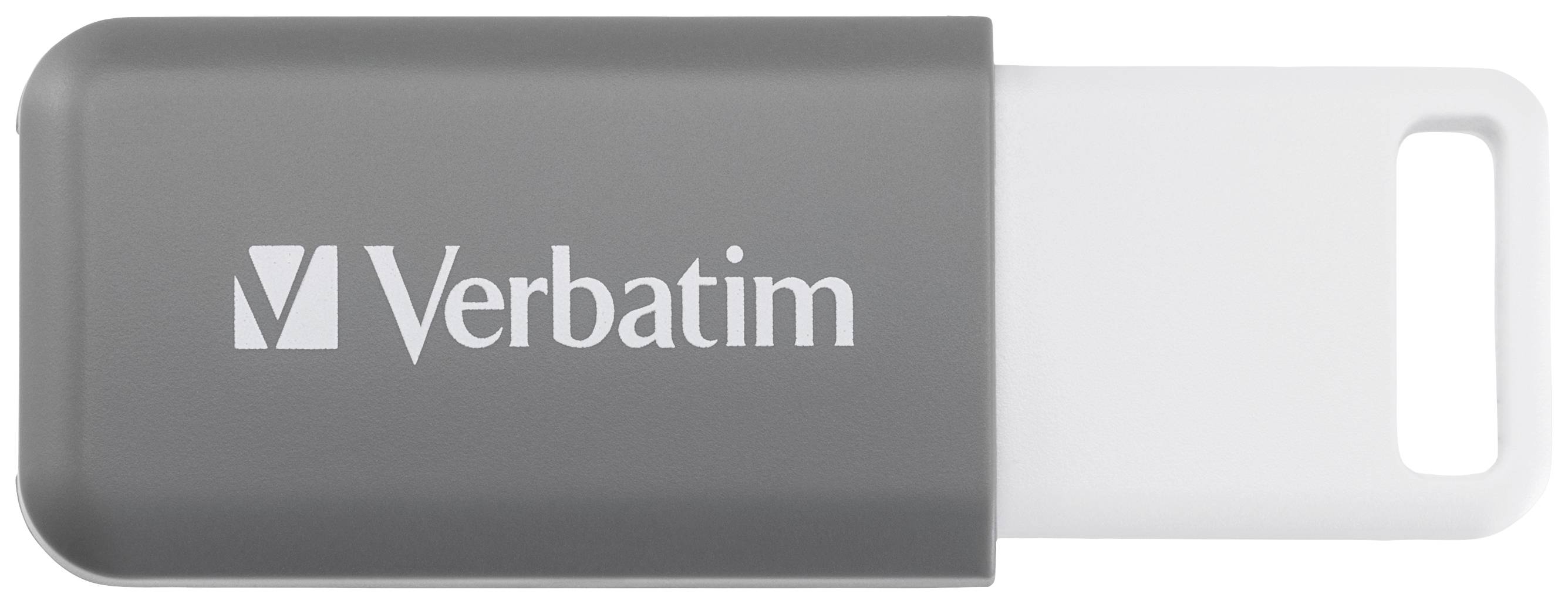 Clé USB Verbatim, partiellement sortie, avec un boîtier gris et un curseur blanc.