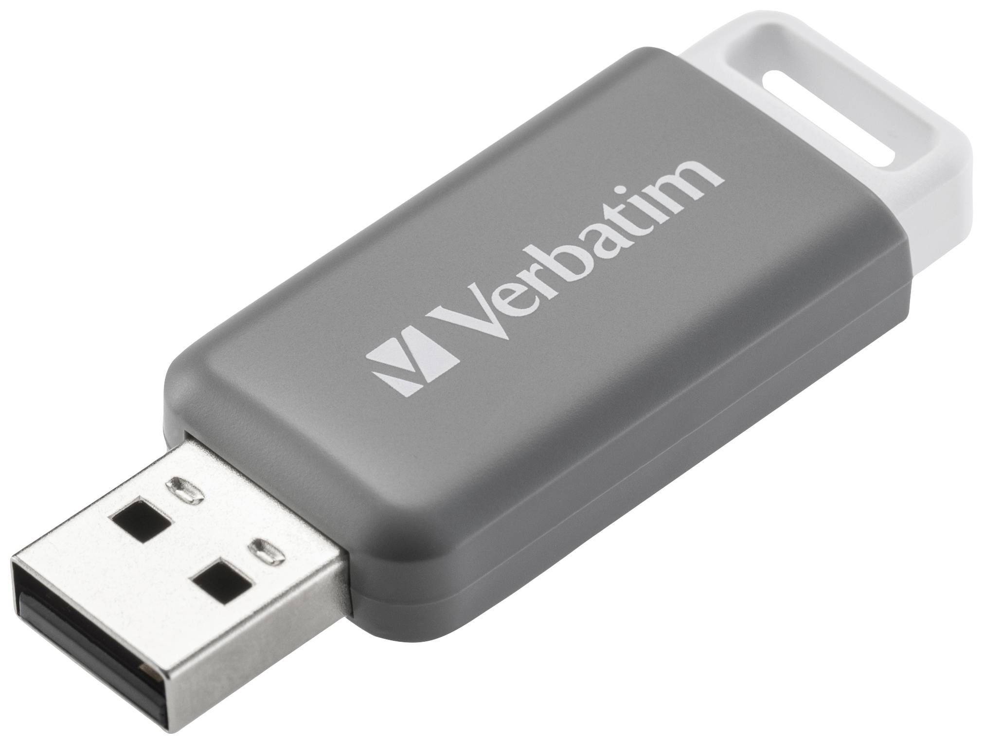 Une clé USB grise de la marque Verbatim.