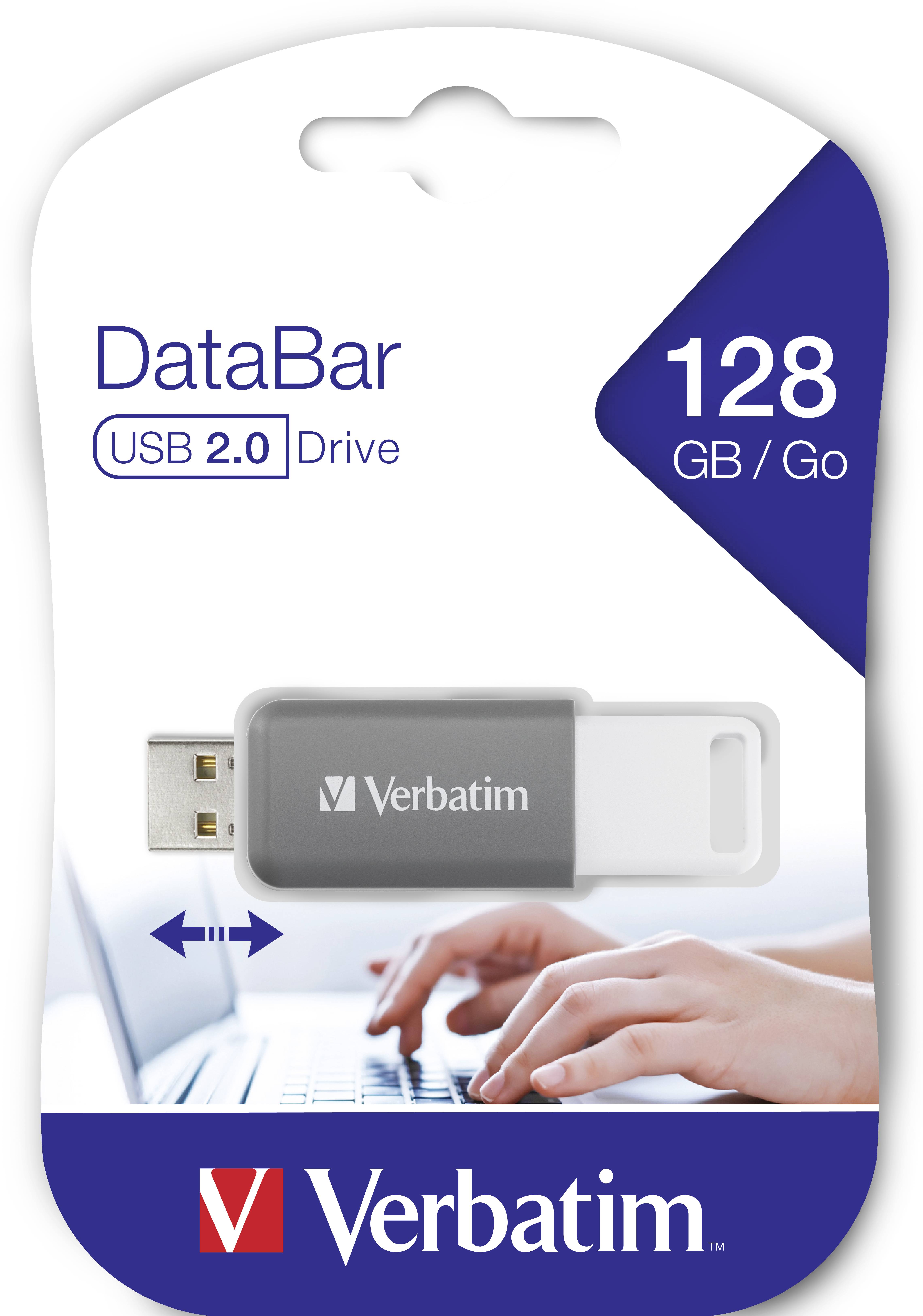 Emballage de clé USB de Verbatim avec une capacité de 128 Go. Texte : 'Lecteur USB 2.0 DataBar'. Image de mains sur un clavier.