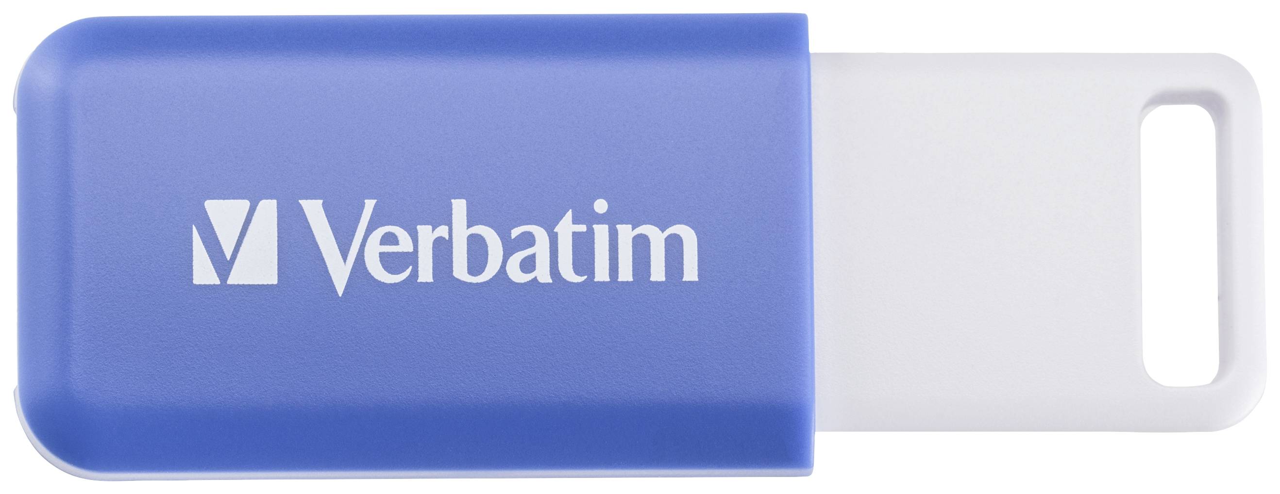 Clé USB bleue de Verbatim, partiellement sortie, sur fond blanc.