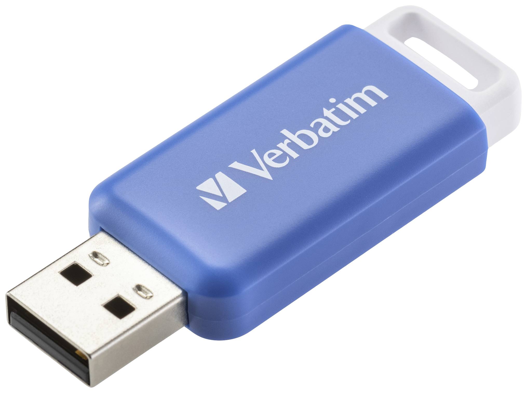 Clé USB bleue avec logo 'Verbatim', forme rectangulaire, capuchon amovible.