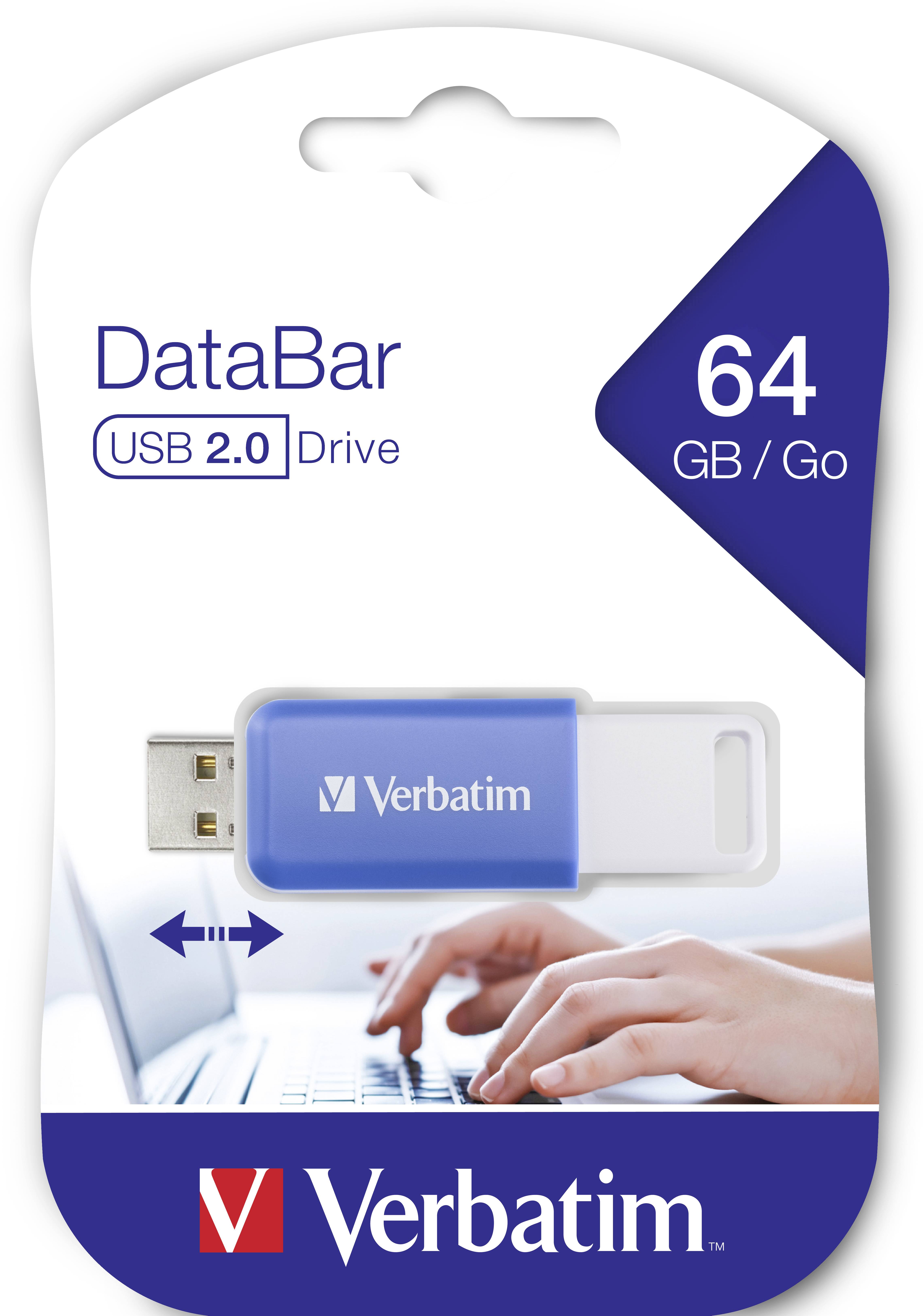 Clé USB de marque Verbatim de 64 Go, compatible USB 2.0, présentée devant un ordinateur portable.
