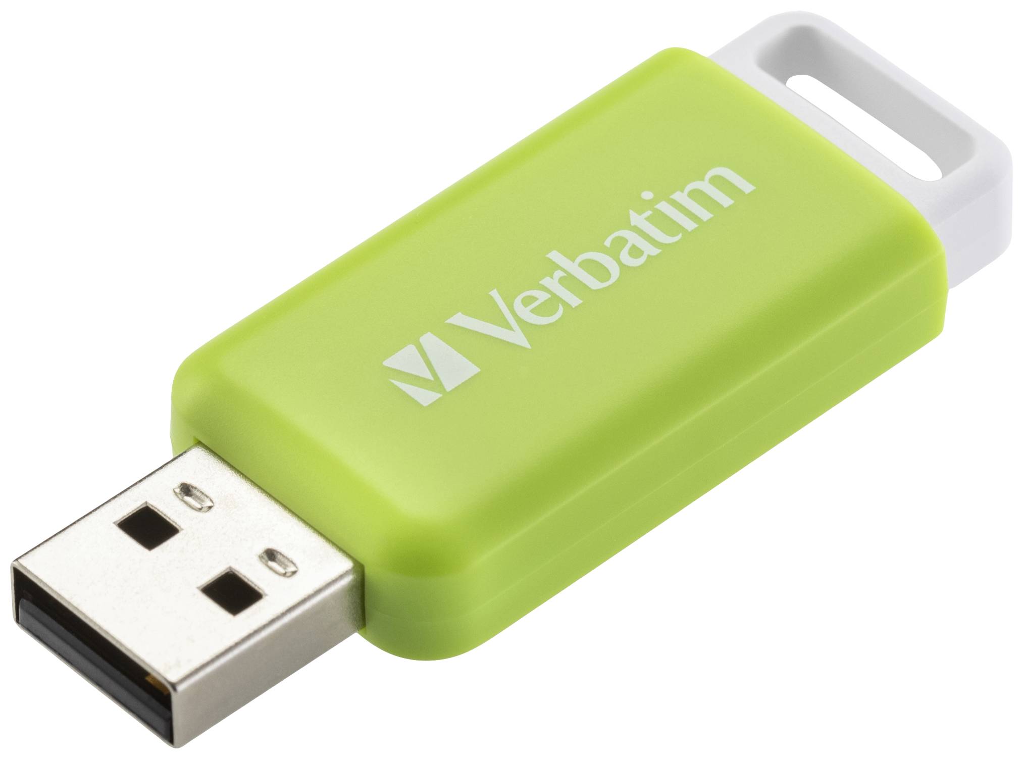 Une clé USB verte portant l'inscription 'Verbatim'.