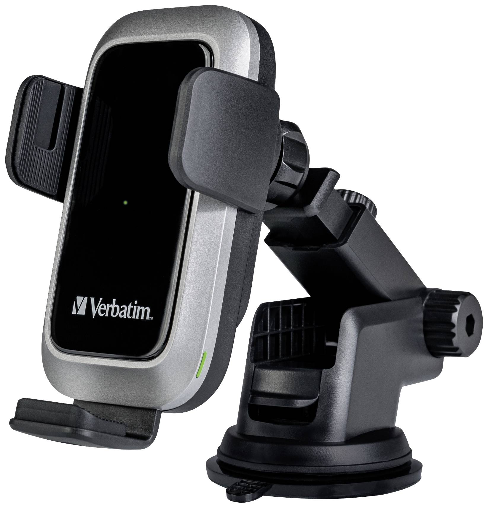 Un support de téléphone pour voiture, monté sur un bras à ventouse. Des pinces latérales maintiennent l'appareil fermement en place.