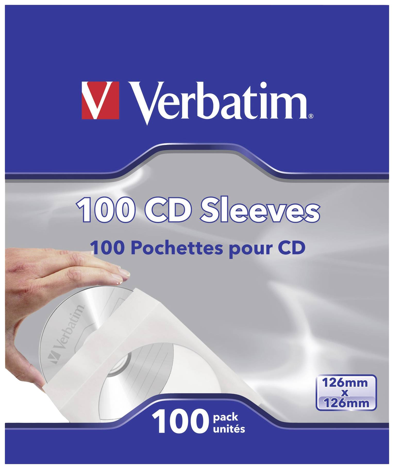 Emballage pour pochettes CD Verbatim. Montre une main insérant un CD dans une pochette blanche. Contient 100 pochettes, dimensions : 126 mm x 126 mm.