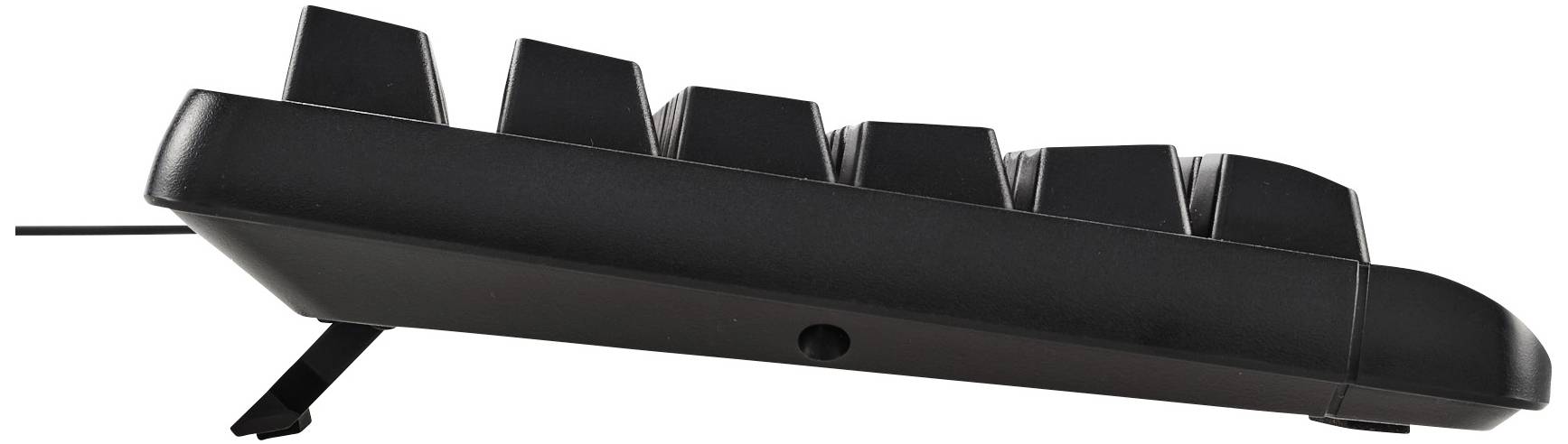 Vue latérale d'un clavier d'ordinateur noir légèrement surélevé, dont les touches sont disposées selon un angle ergonomique.