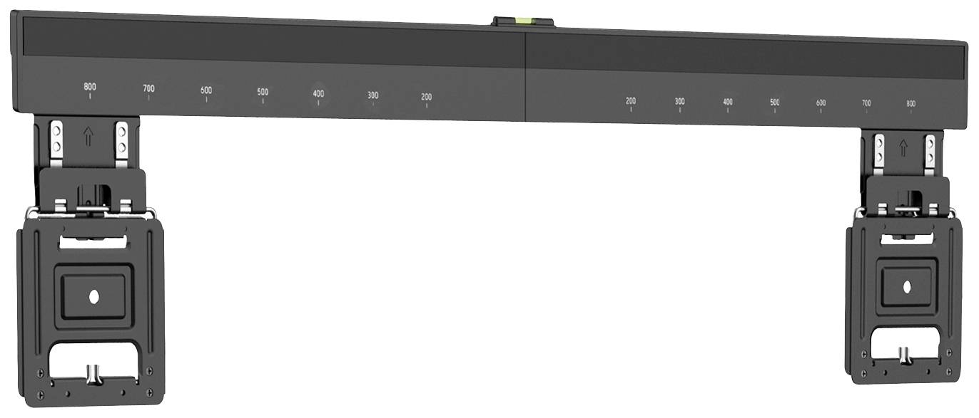 Composant de machine noir, horizontal, avec deux supports verticaux en bas, échelle de mesure en haut ; pourrait faire partie d'un meuble.