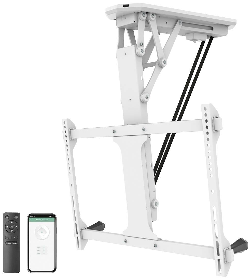 Support de téléviseur électrique avec télécommande et application smartphone, à fixer au plafond, compatible avec différentes tailles de téléviseurs.
