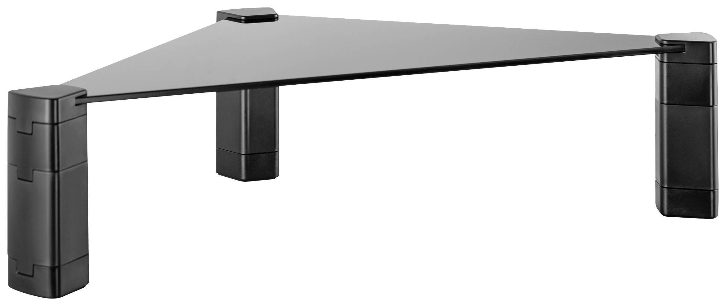 Support de moniteur noir avec surface de rangement triangulaire et pieds réglables pour ajuster la hauteur.