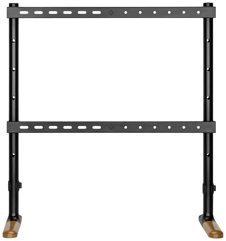 Support métallique noir réglable avec embouts en caoutchouc orange aux pieds. Adapté pour maintenir des objets ou des appareils.