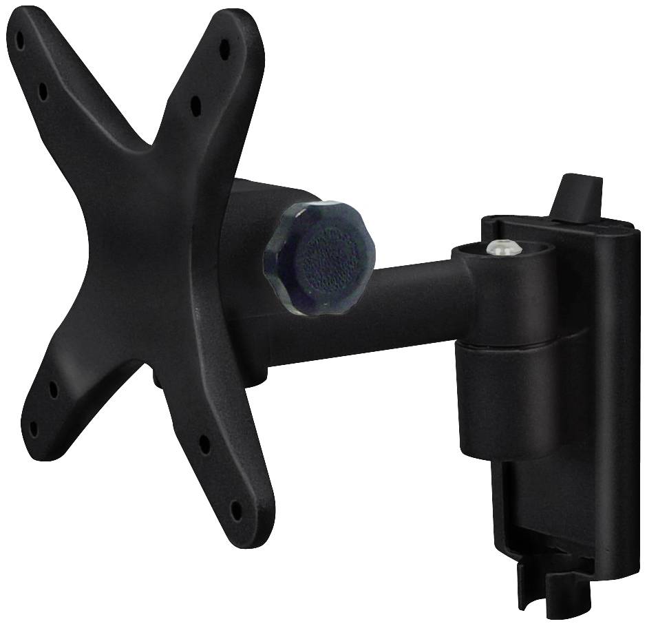 Support de moniteur pivotant en métal noir, adapté pour la fixation d'écrans au mur, avec bras réglable.