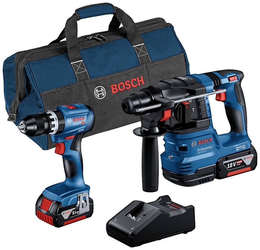 Ensemble de perceuses-visseuses avec deux appareils bleus fonctionnant sur batterie, chargeur et un sac noir Bosch. Idéal pour les bricoleurs.