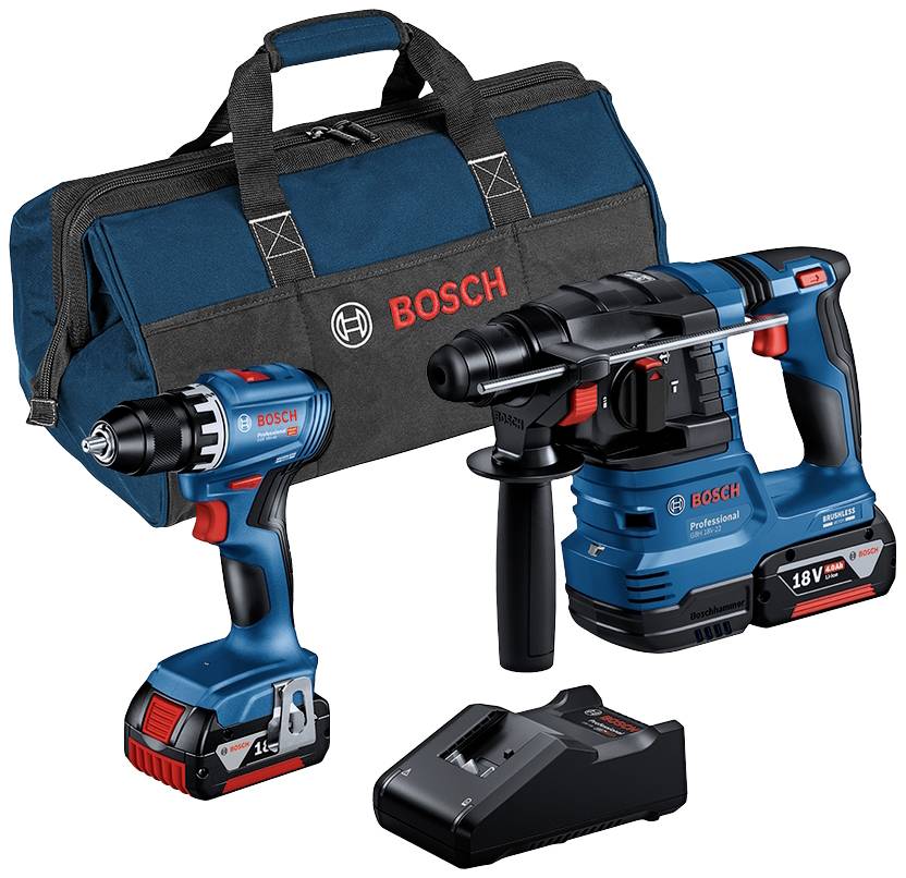 Ensemble de perceuses comprenant un visseuse sans fil, une perceuse à percussion, un chargeur et un sac, de la marque Bosch, tous en design bleu et noir.