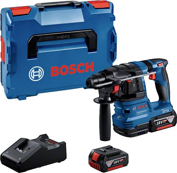 Perceuse sans fil Bosch bleue avec deux batteries et chargeur, présentée devant un coffret de transport bleu assorti.
