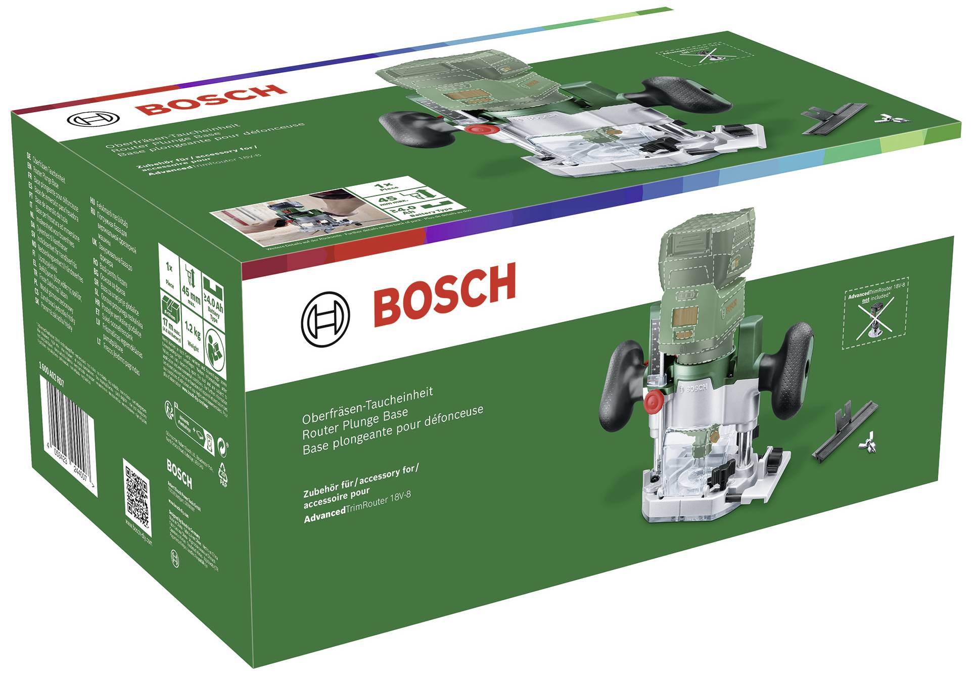 Emballage d'une défonceuse Bosch verte avec image de l'appareil, logos et texte en plusieurs langues.