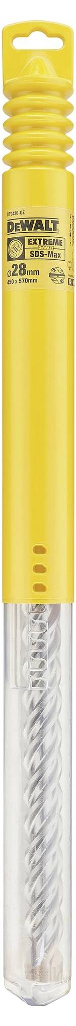 Boîte jaune DeWalt contenant un foret argenté à l'intérieur, visible à travers le couvercle transparent en bas.