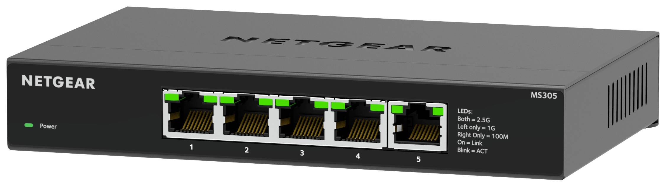 Commutateur réseau avec cinq ports Ethernet, modèle Netgear M305, adapté aux réseaux domestiques et de bureau, avec des voyants LED indiquant l'état de la connexion.