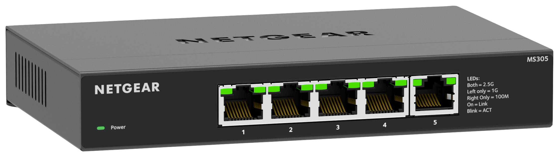 Commutateur réseau avec cinq ports Ethernet et voyants LED indiquant la vitesse de connexion et l'activité. Portant l'étiquette 'NETGEAR'.
