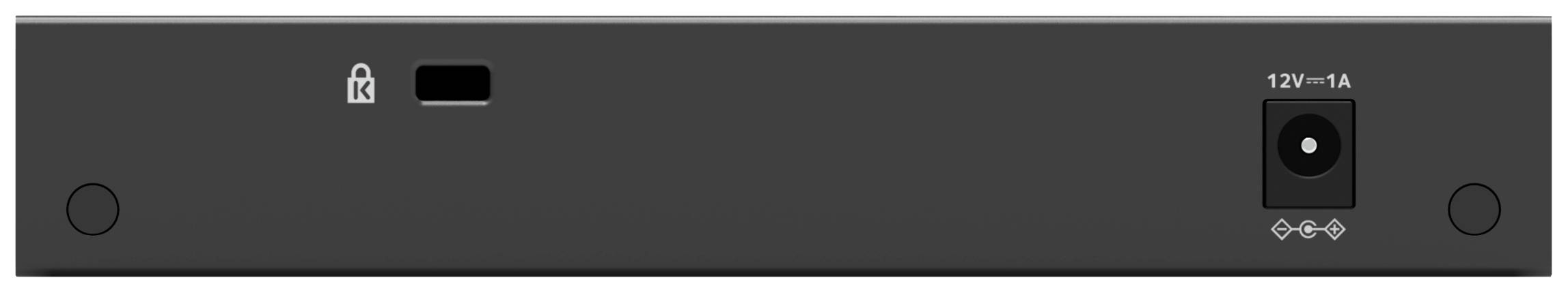 'Face avant d'un appareil électronique noir avec un symbole de verrouillage, un port USB et un port d'adaptateur secteur portant l'inscription 12V-1A.'