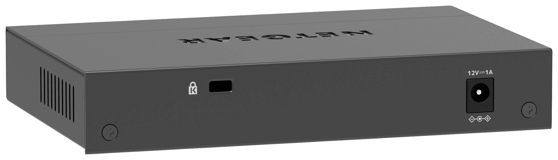 Un commutateur réseau noir portant l'inscription 'NETGEAR', avec des connexions de câbles et des fentes de ventilation, placé sur une surface plane.