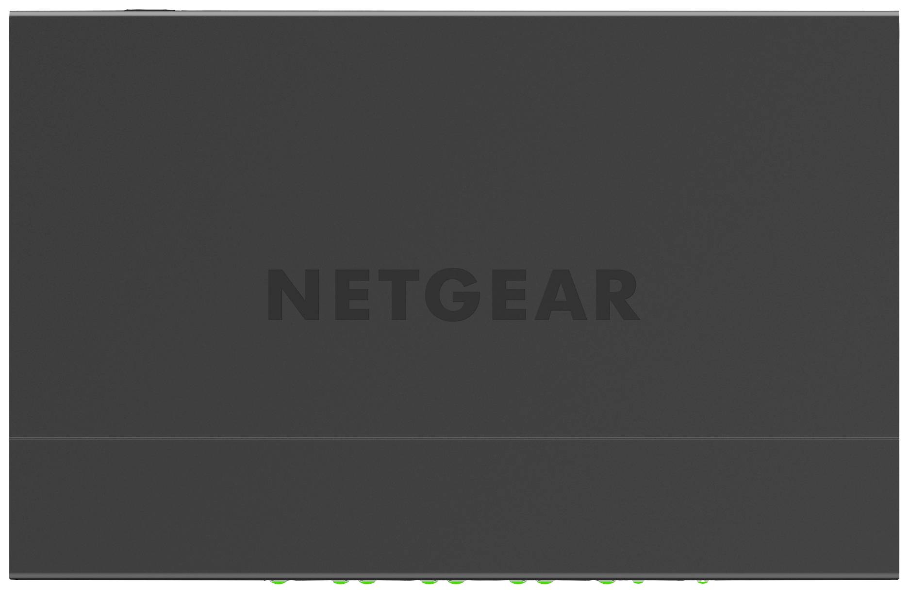 Switch réseau Netgear en noir, vue de face avec des voyants LED verts visibles en bas.